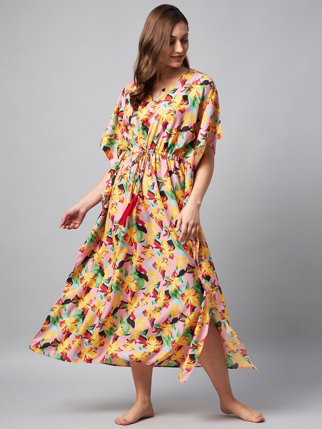 

Orchid Blues Yellow Printed Pure Cotton Maxi Kaftan Nightdress