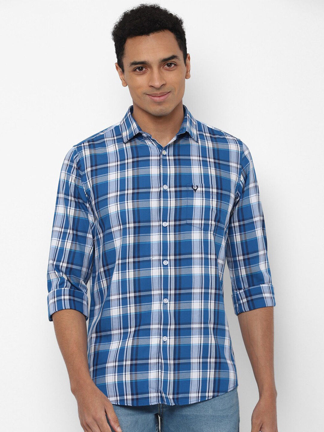 

Allen Solly Men Blue & White Pure Cotton Slim Fit Tartan Checked Casual Shirt