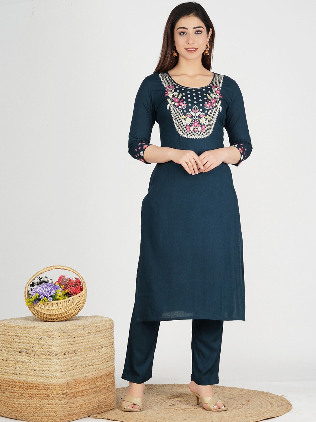 

KALINI Women Blue Embroidered Kurta with Trousers