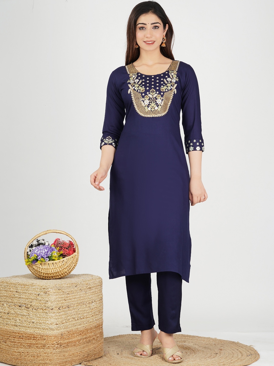 

KALINI Women Navy Blue Ethnic Motifs Embroidered Thread Work Kurta with Trousers
