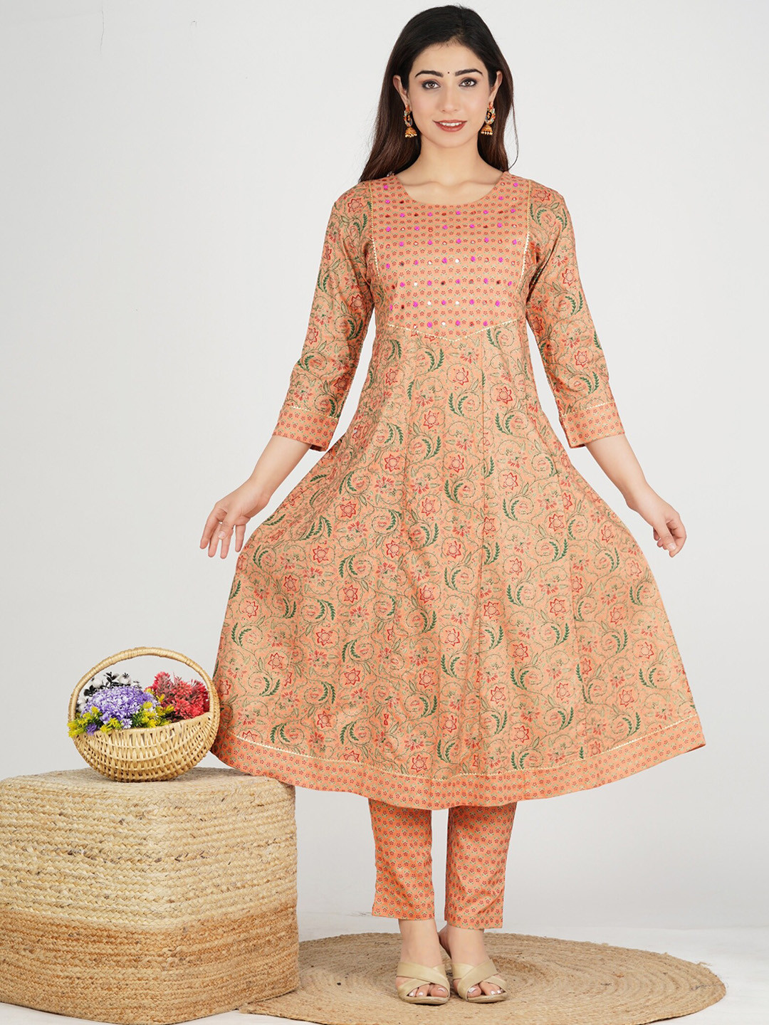 

KALINI Women Peach & Green Floral Printed Panelled Mirror Work Kurta with Trousers