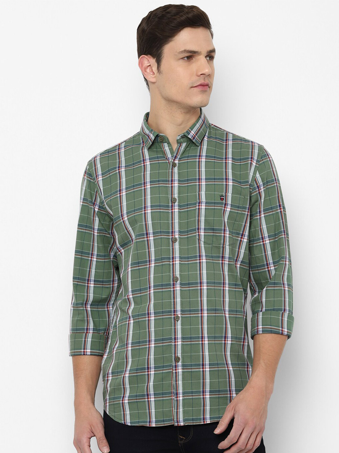 

Louis Philippe Jeans Men Green & White Slim Fit Tartan Checked Pure Cotton Casual Shirt