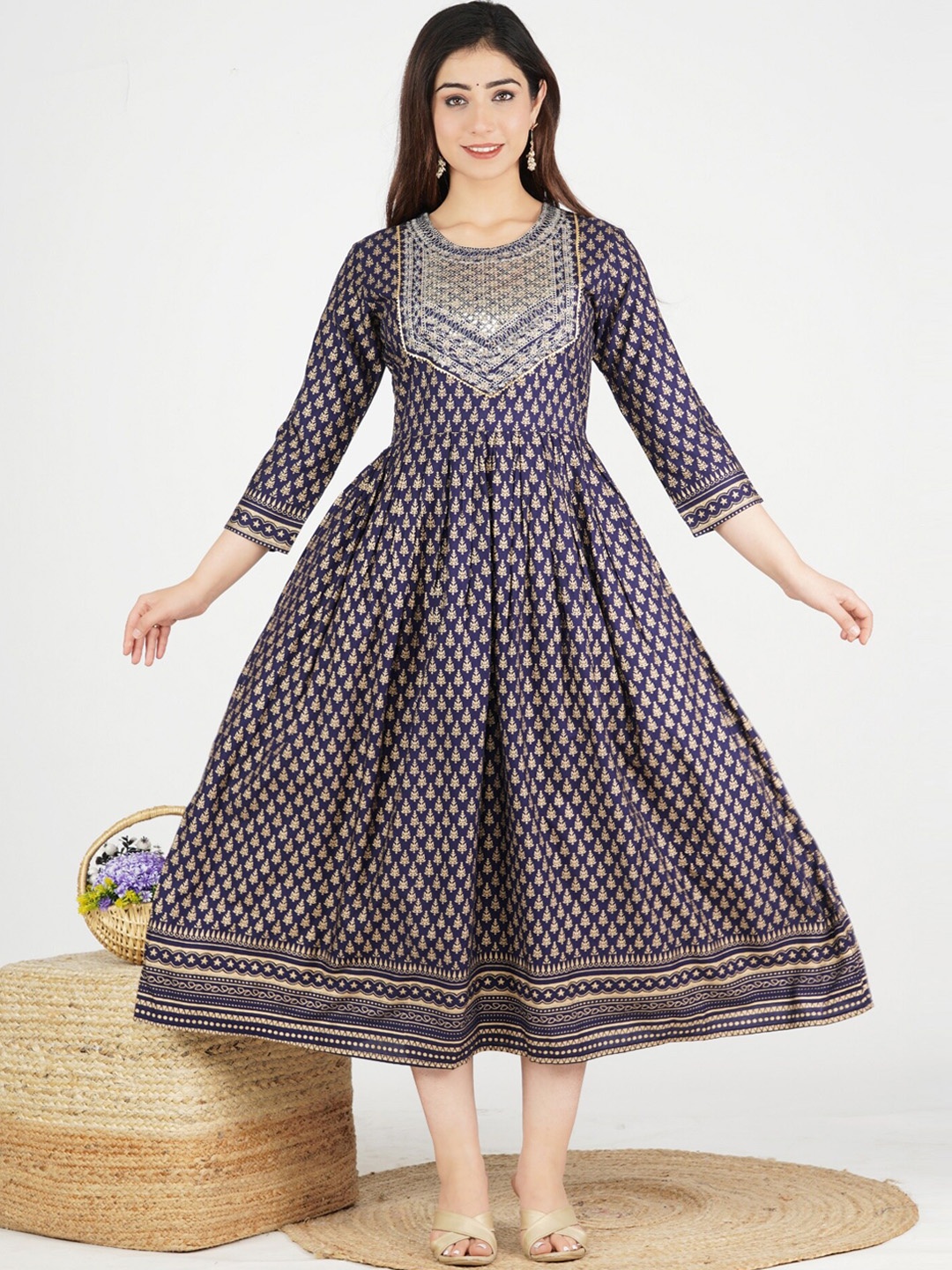 

KALINI Women Navy Blue Ethnic Motifs Printed Anarkali Kurta