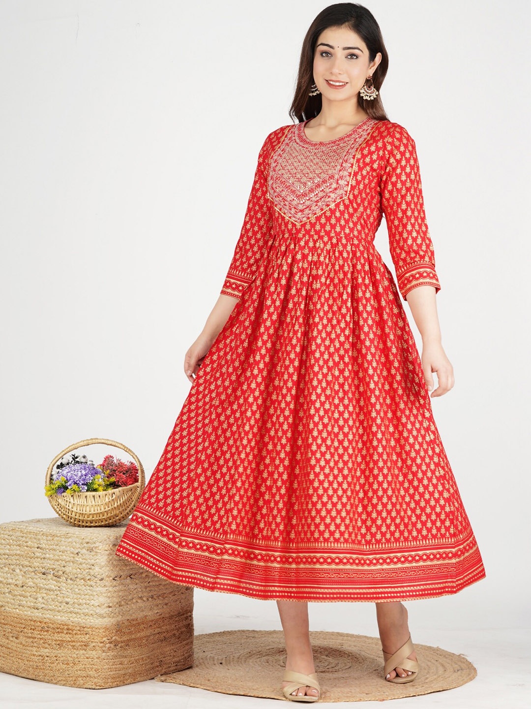 

KALINI Women Red & Gold-Toned Ethnic Motifs Printed Thread Work Anarkali Kurta