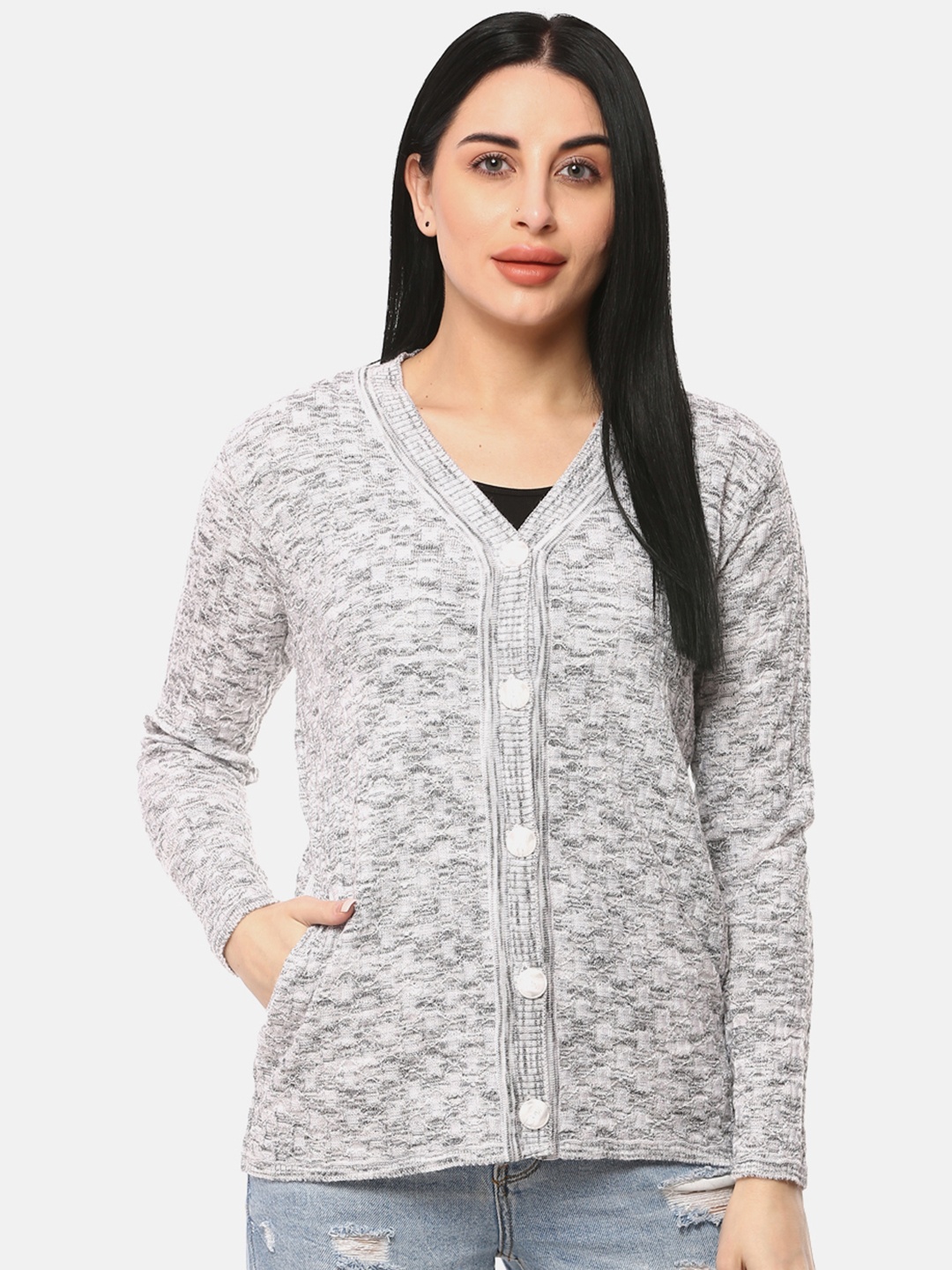 

GLAMAZE Women White & Grey Acrylic Cardigan