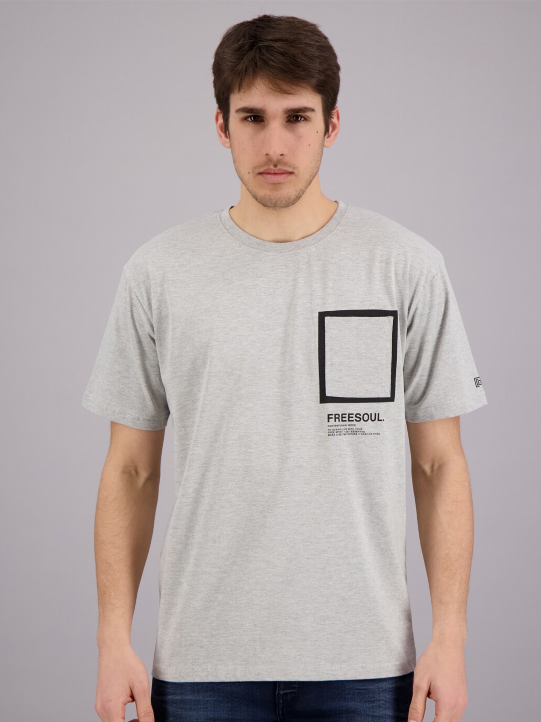 

FREESOUL Men Grey Melange Typography Printed T-shirt