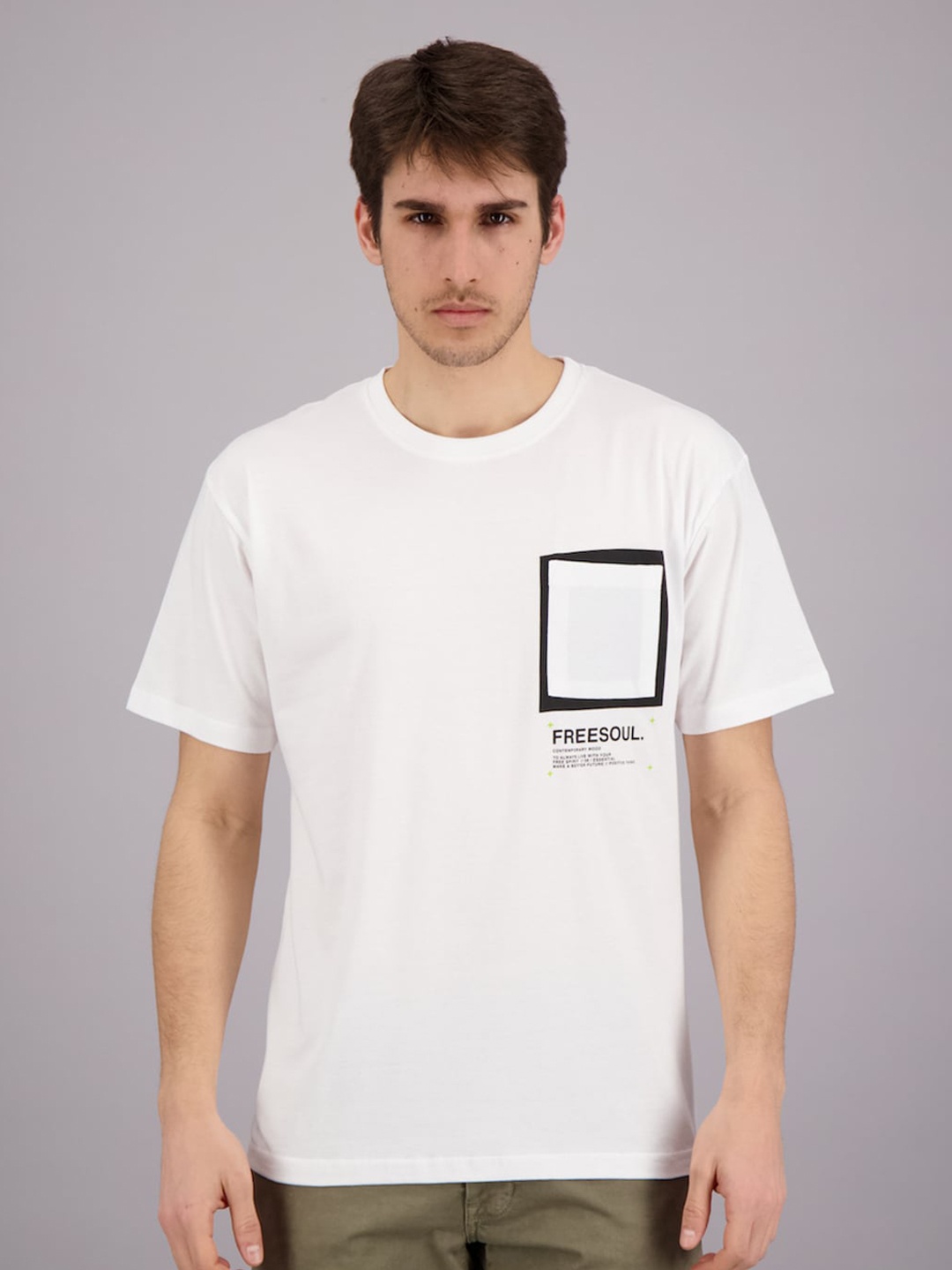 

FREESOUL Men White Pure Cotton T-shirt