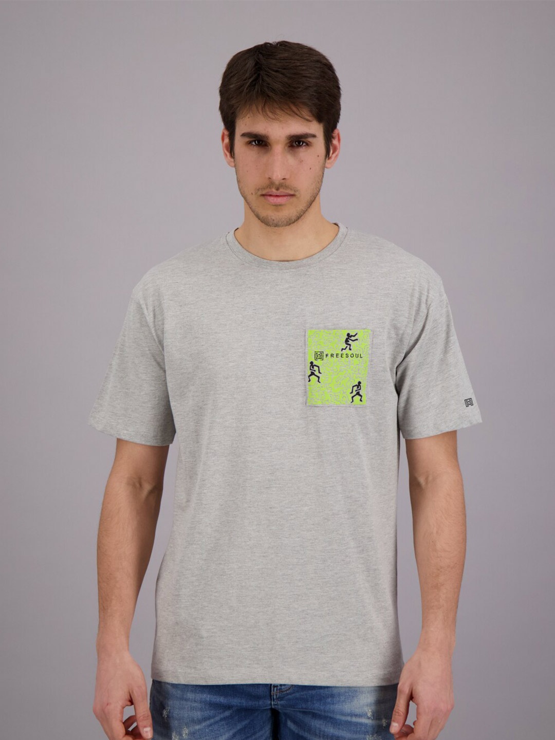 

FREESOUL Men Grey Melange Printed T-shirt