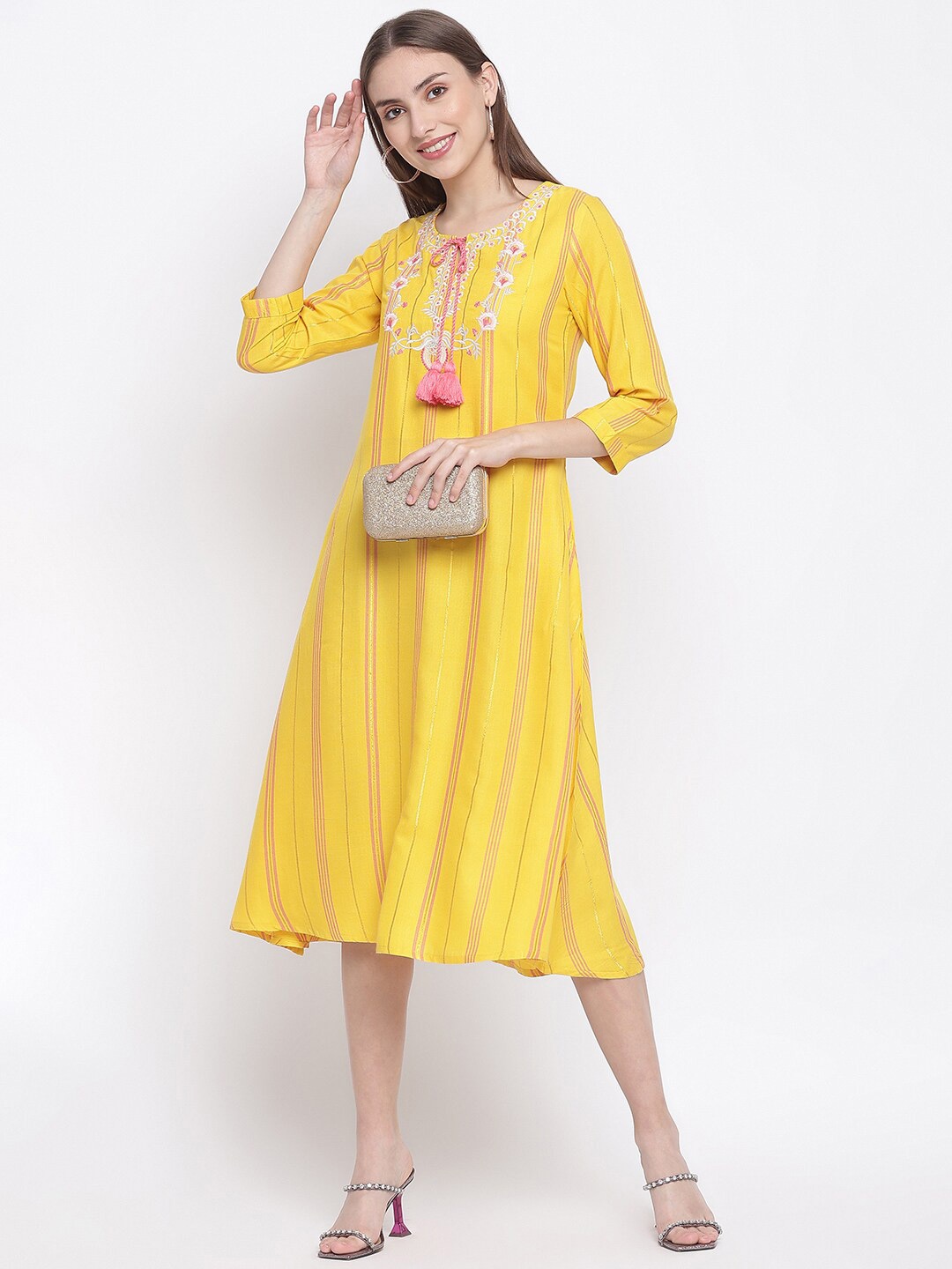 

IMARA Yellow Tie-Up Neck A-Line Midi Dress