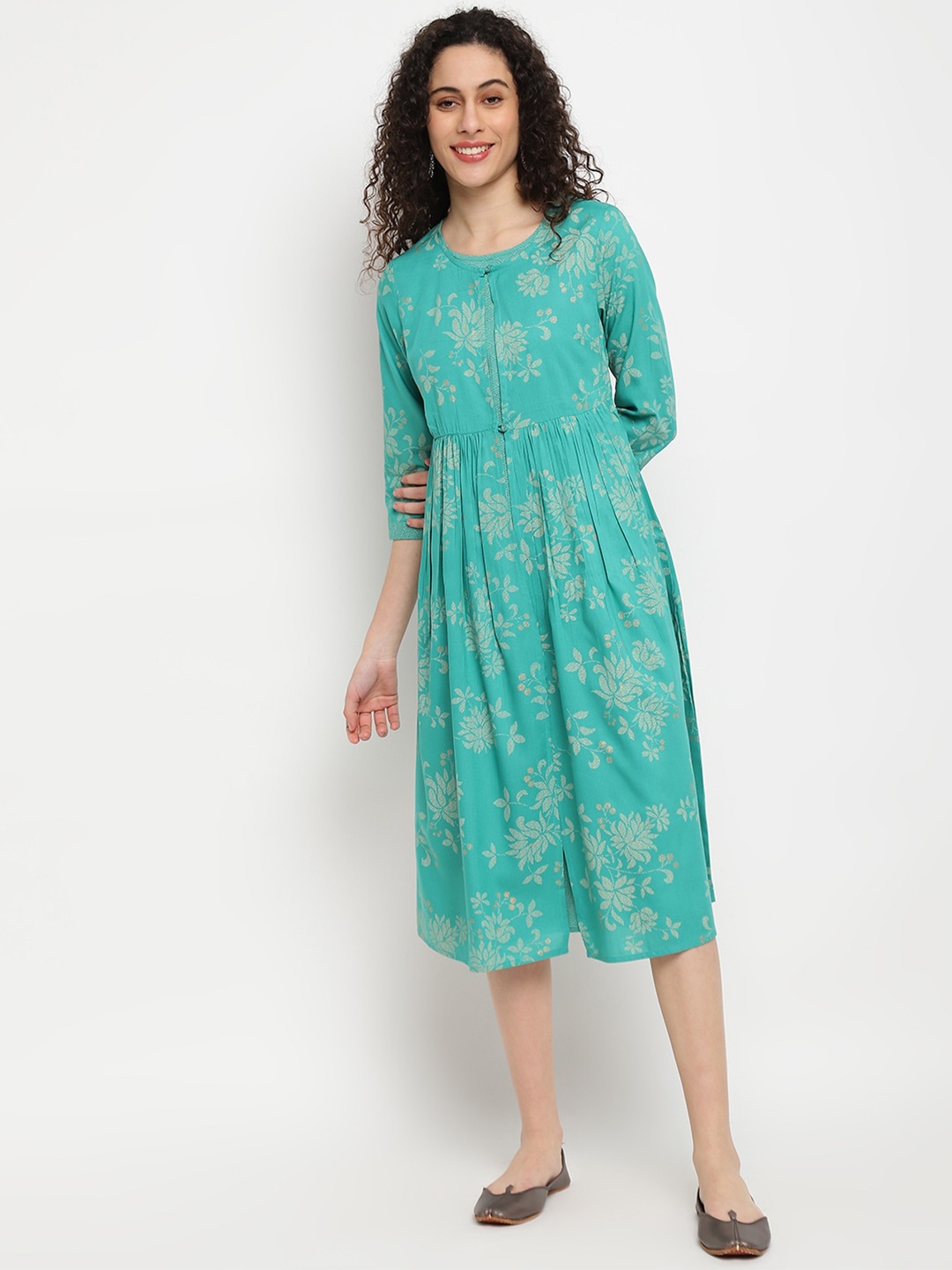 

IMARA Women Green & Gold-Toned Floral Midi Dress