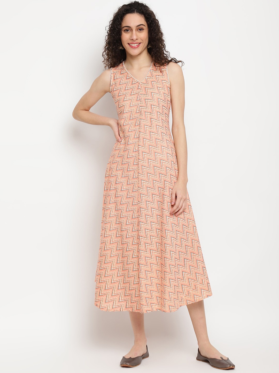 

IMARA Women Peach-Coloured Chevron Printed A-Line Midi Dress