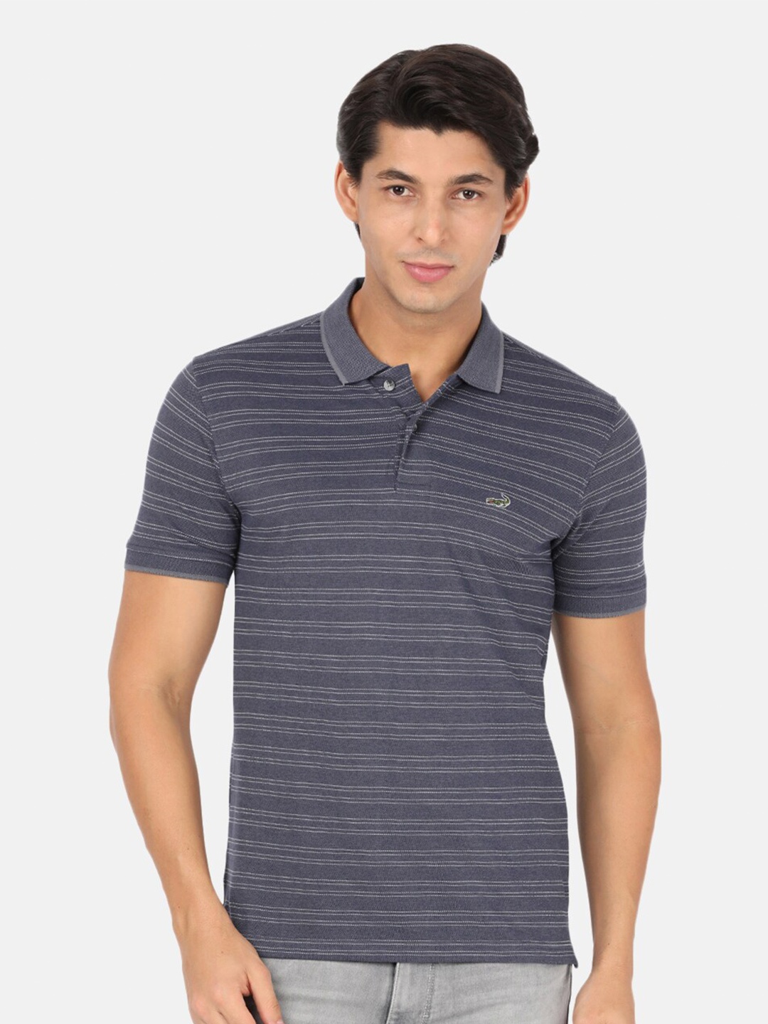 

Crocodile Men Grey Striped Polo Collar Slim Fit T-shirt