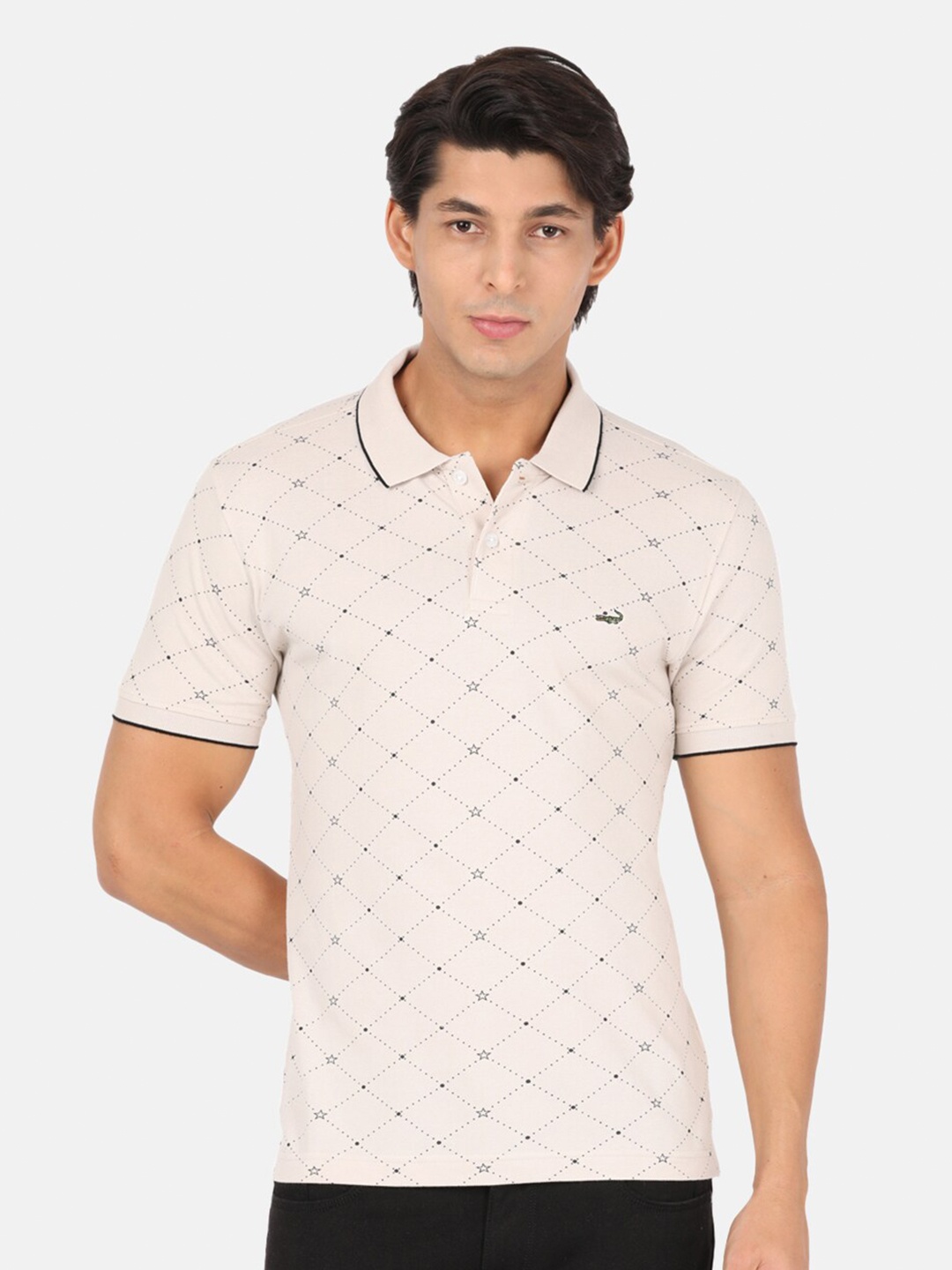 

Crocodile Men Cream & Black Printed Polo Collar T-shirt