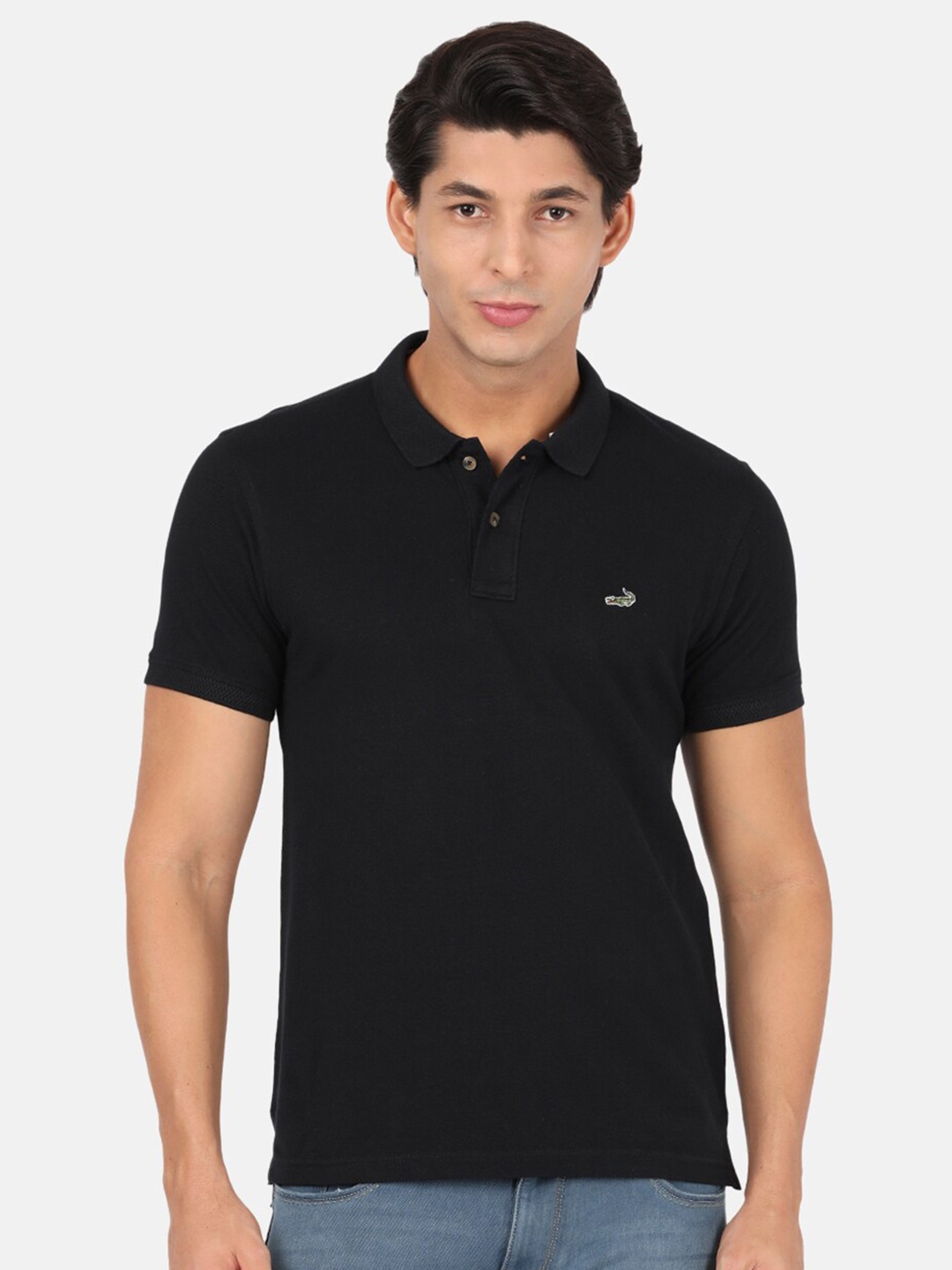 

Crocodile Men Black Polo Collar Applique T-shirt