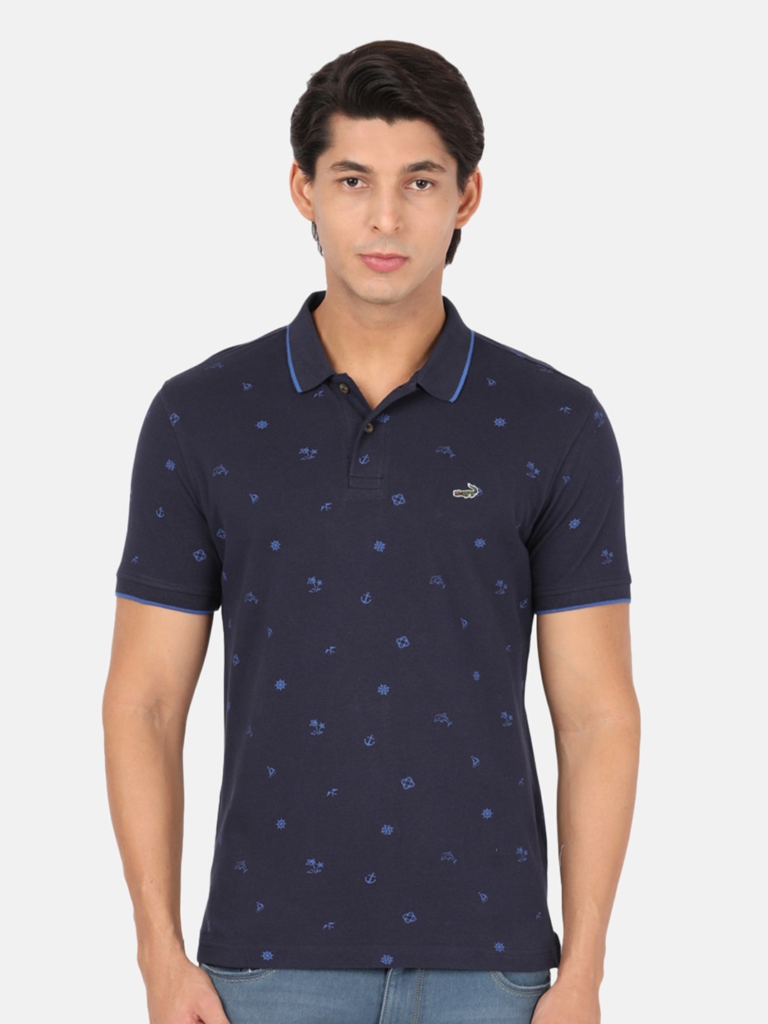 

Crocodile Men Navy Blue Printed Polo Collar Slim Fit T-shirt