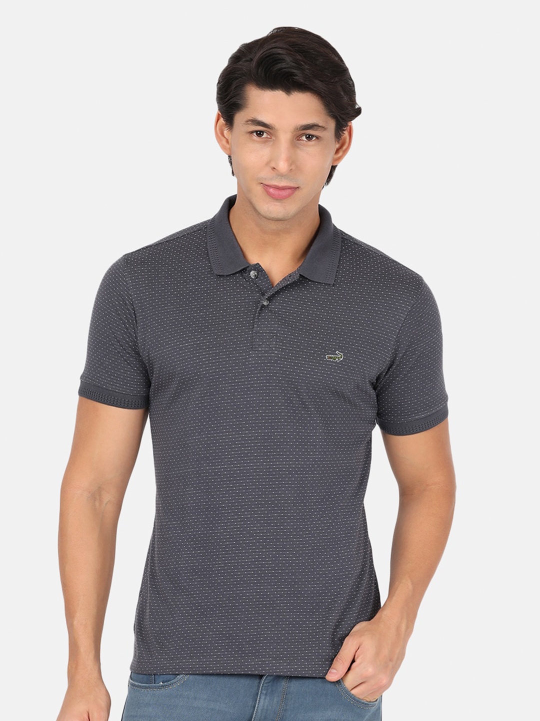 

Crocodile Men Navy Blue Printed Polo Collar Cotton Slim Fit T-shirt