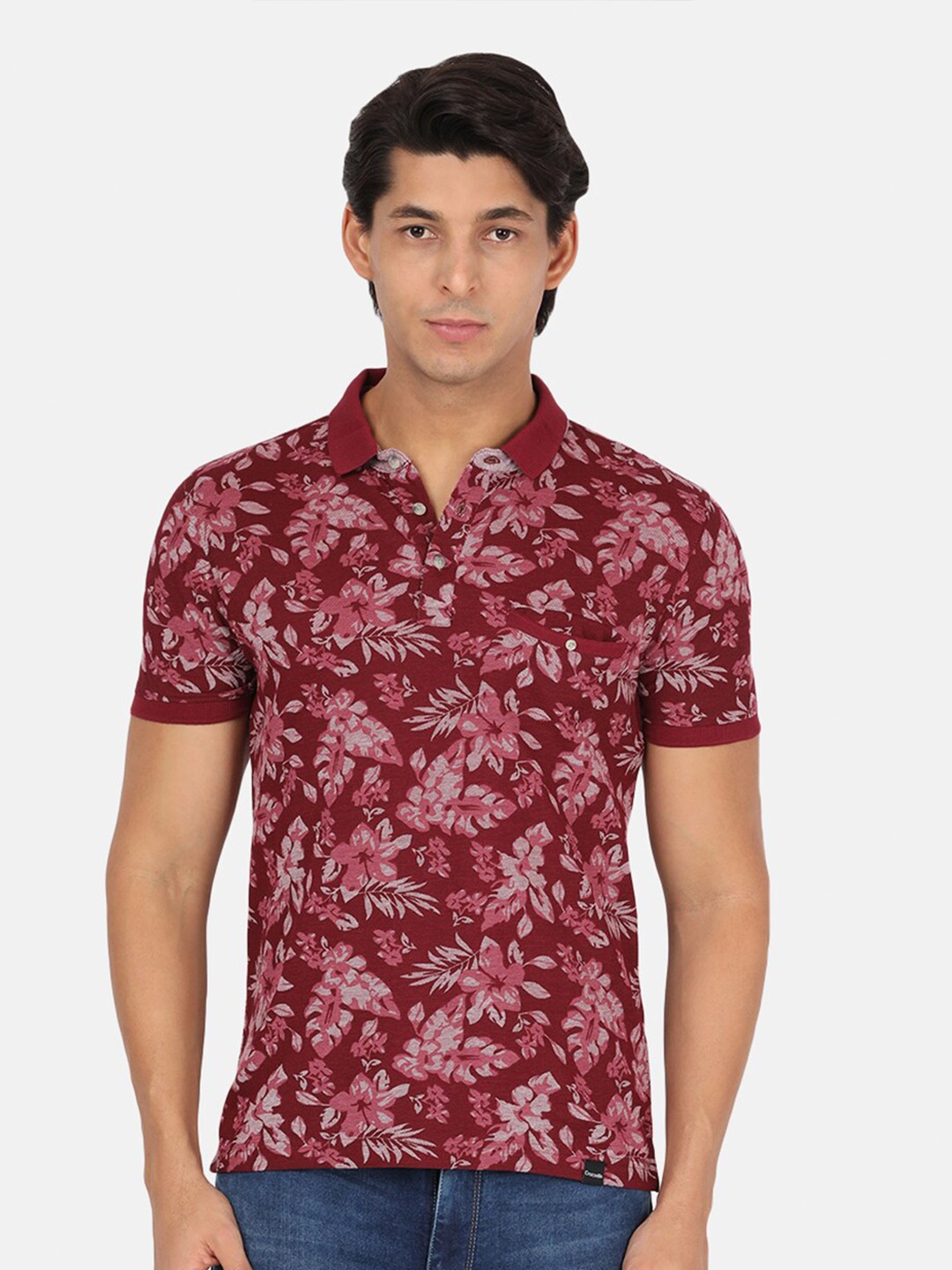 

Crocodile Men Burgundy Floral Printed Polo Collar Slim Fit T-shirt