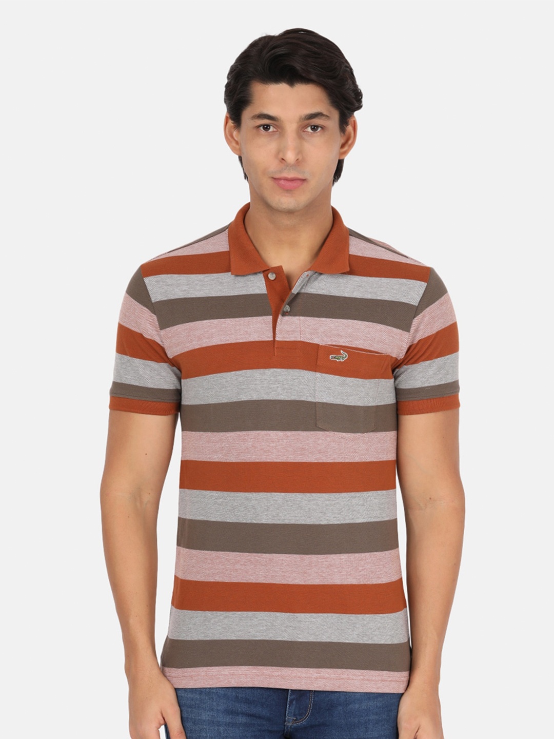 

Crocodile Men Brown Striped Polo Collar Slim Fit T-shirt
