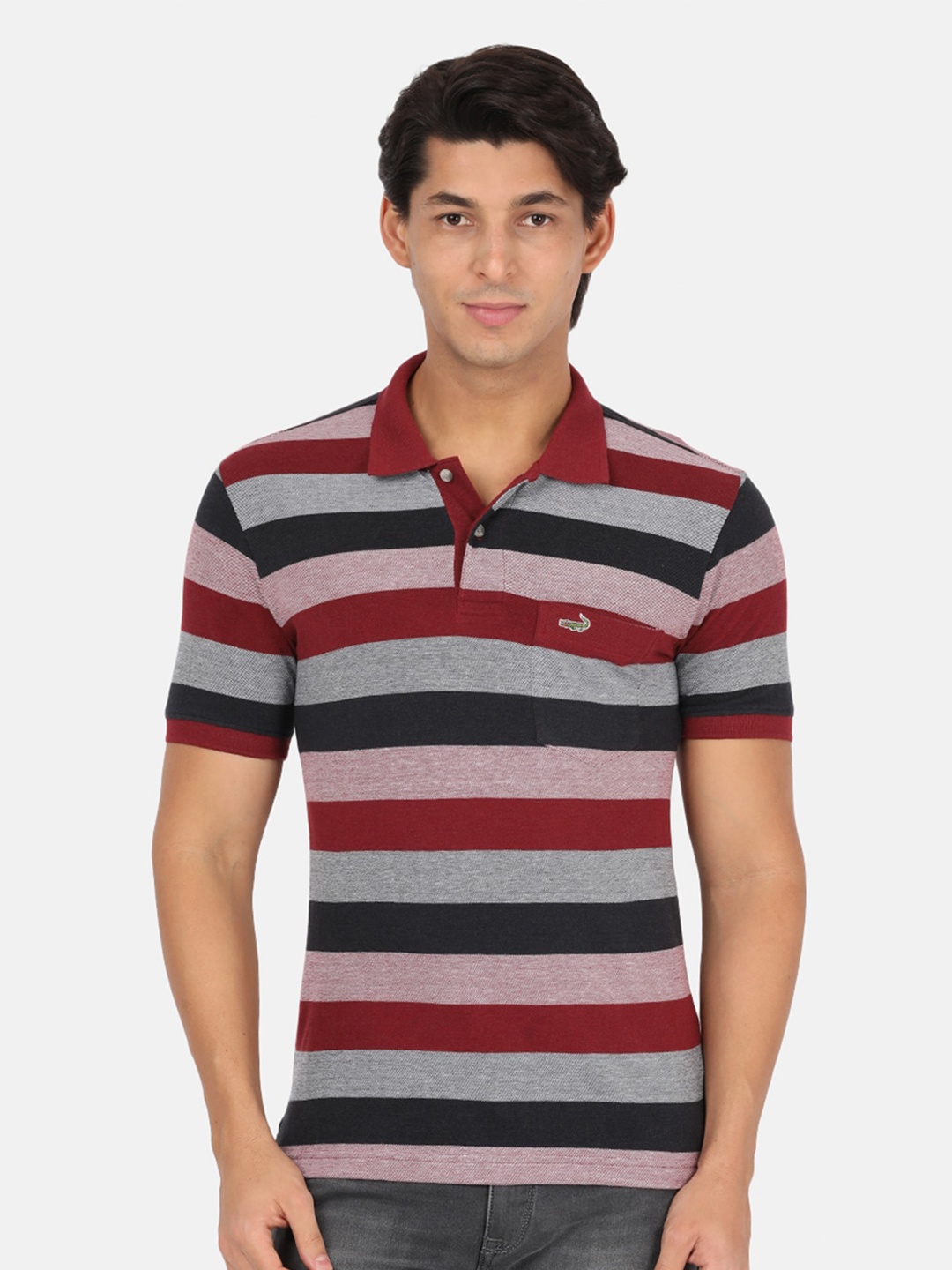 

Crocodile Men Burgundy Striped Polo Collar Slim Fit T-shirt