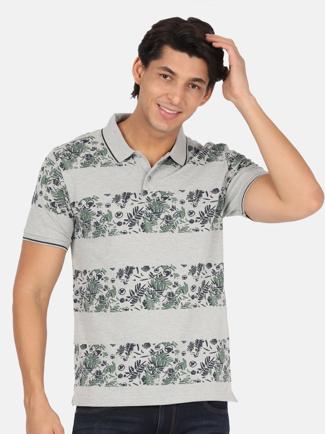 

Crocodile Men Grey & Green Floral Printed Polo Collar Slim Fit T-shirt