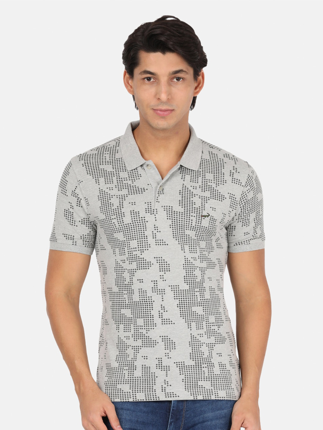 

Crocodile Men Grey Melange Printed Polo Collar Slim Fit T-shirt