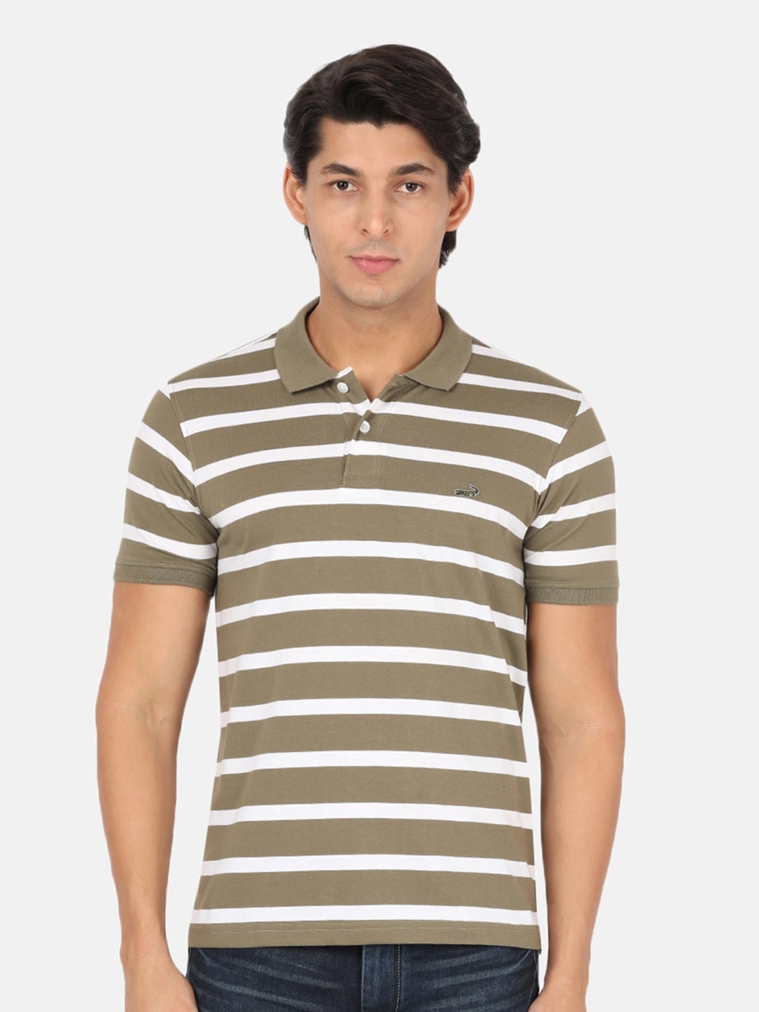 

Crocodile Men Beige Striped Polo Collar Slim Fit T-shirt