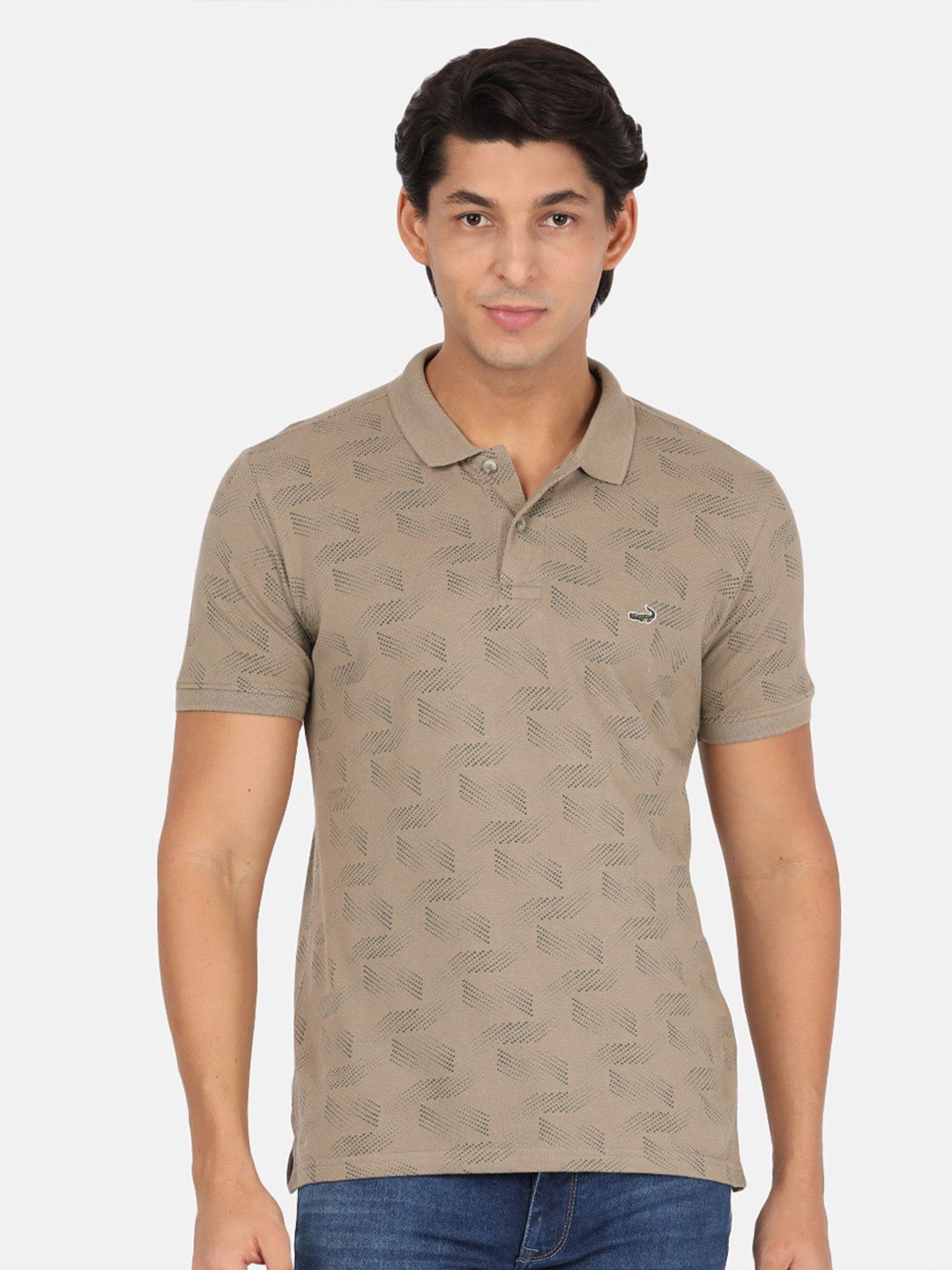 

Crocodile Men Beige Printed Polo Collar Slim Fit T-shirt