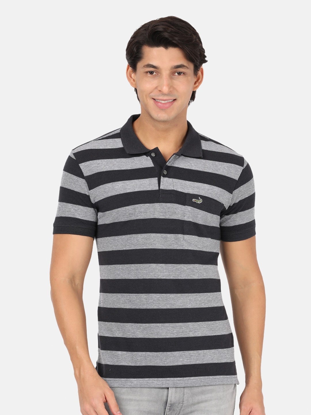 

Crocodile Men Navy Blue & Grey Striped Polo Collar Slim Fit T-shirt