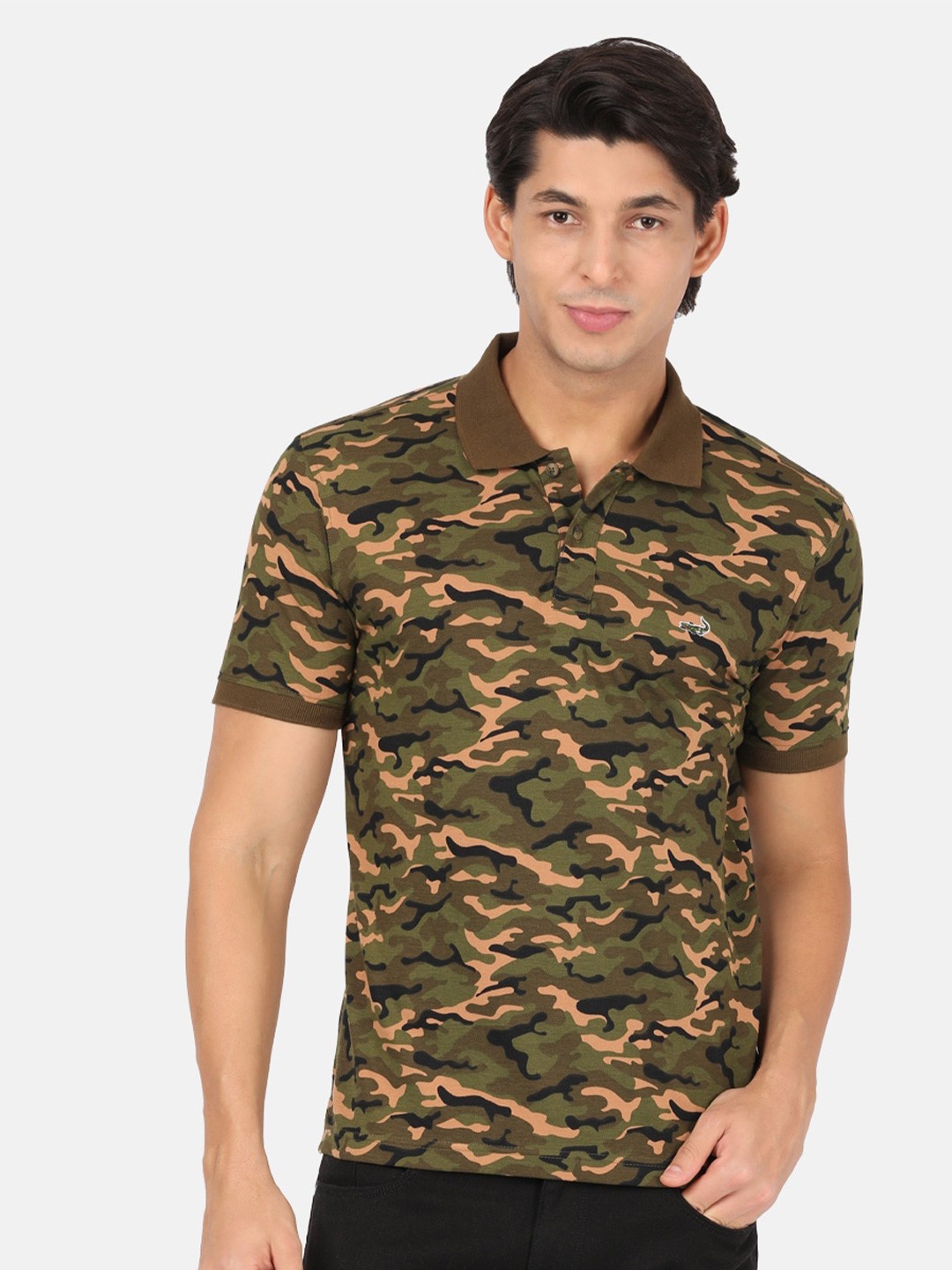 

Crocodile Men Green Camouflage Printed Polo Collar Slim Fit T-shirt