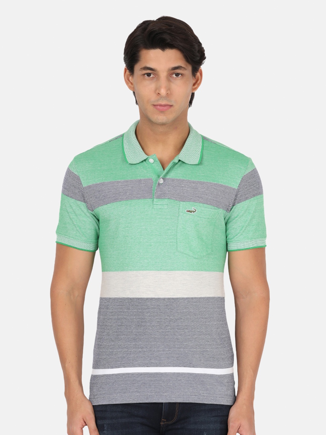 

Crocodile Men Green & Grey Striped Polo Collar Slim Fit T-shirt