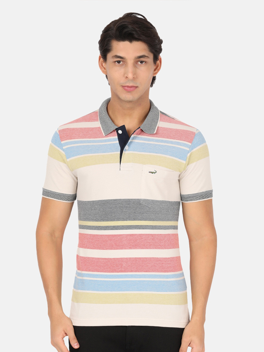 

Crocodile Men Multicoloured Striped Polo Collar Slim Fit T-shirt, Multi