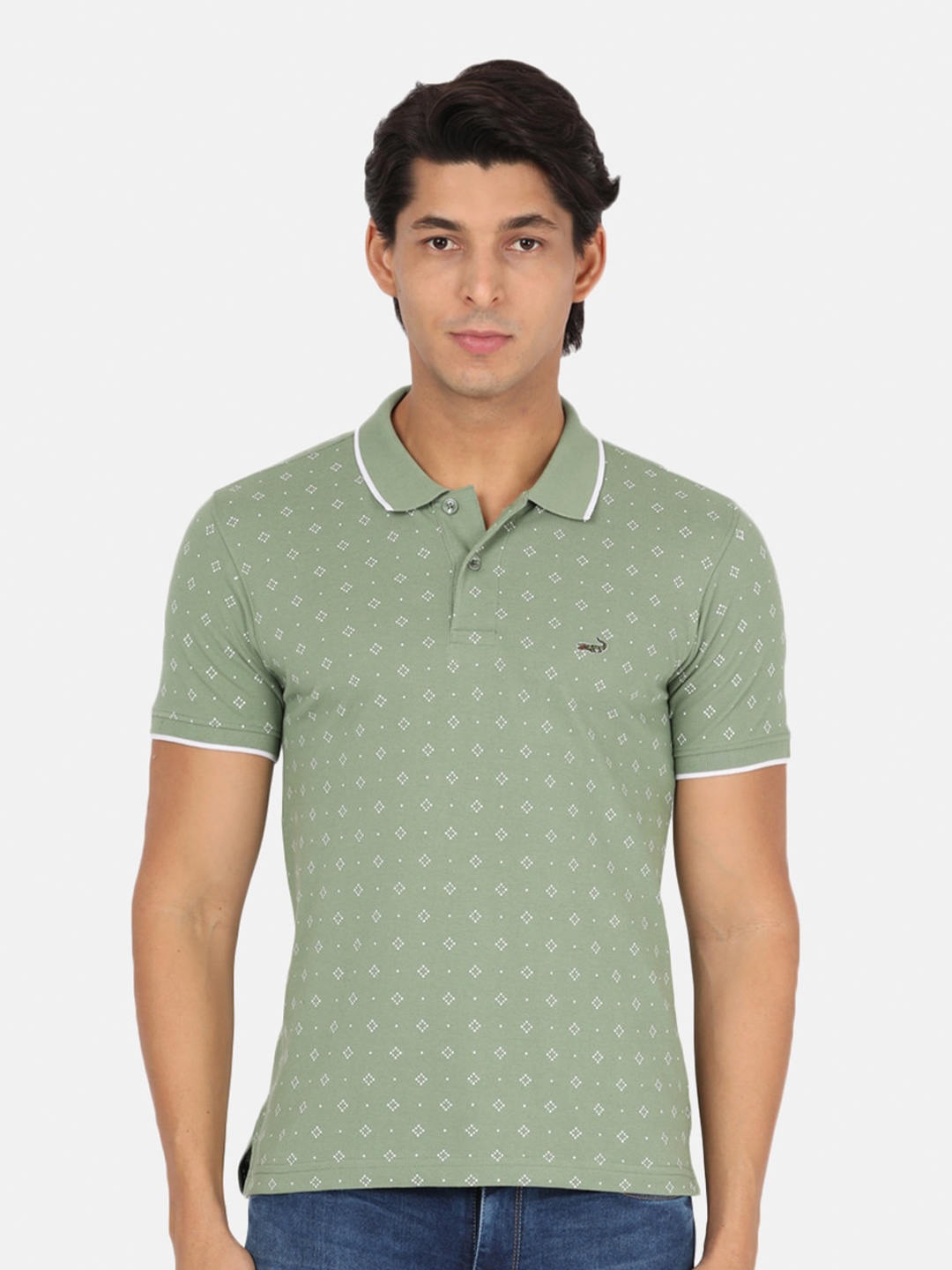 

Crocodile Men Green Printed Polo Collar Slim Fit T-shirt