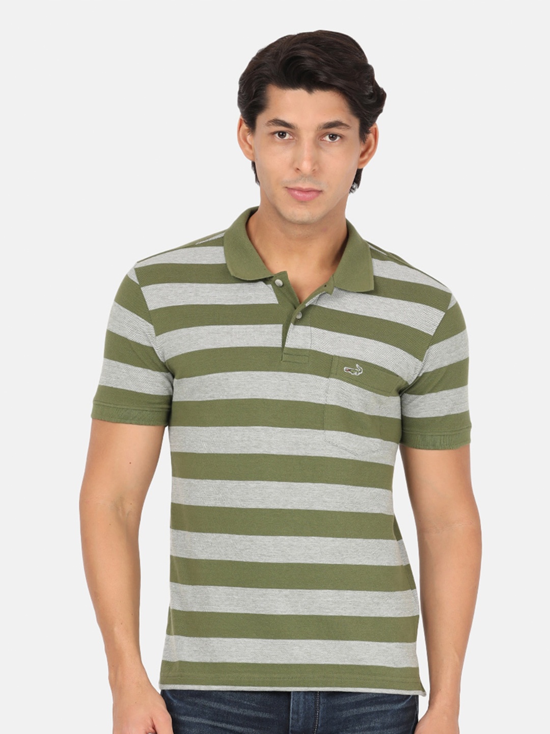 

Crocodile Men Olive Green & Grey Striped Polo Collar Slim Fit T-shirt