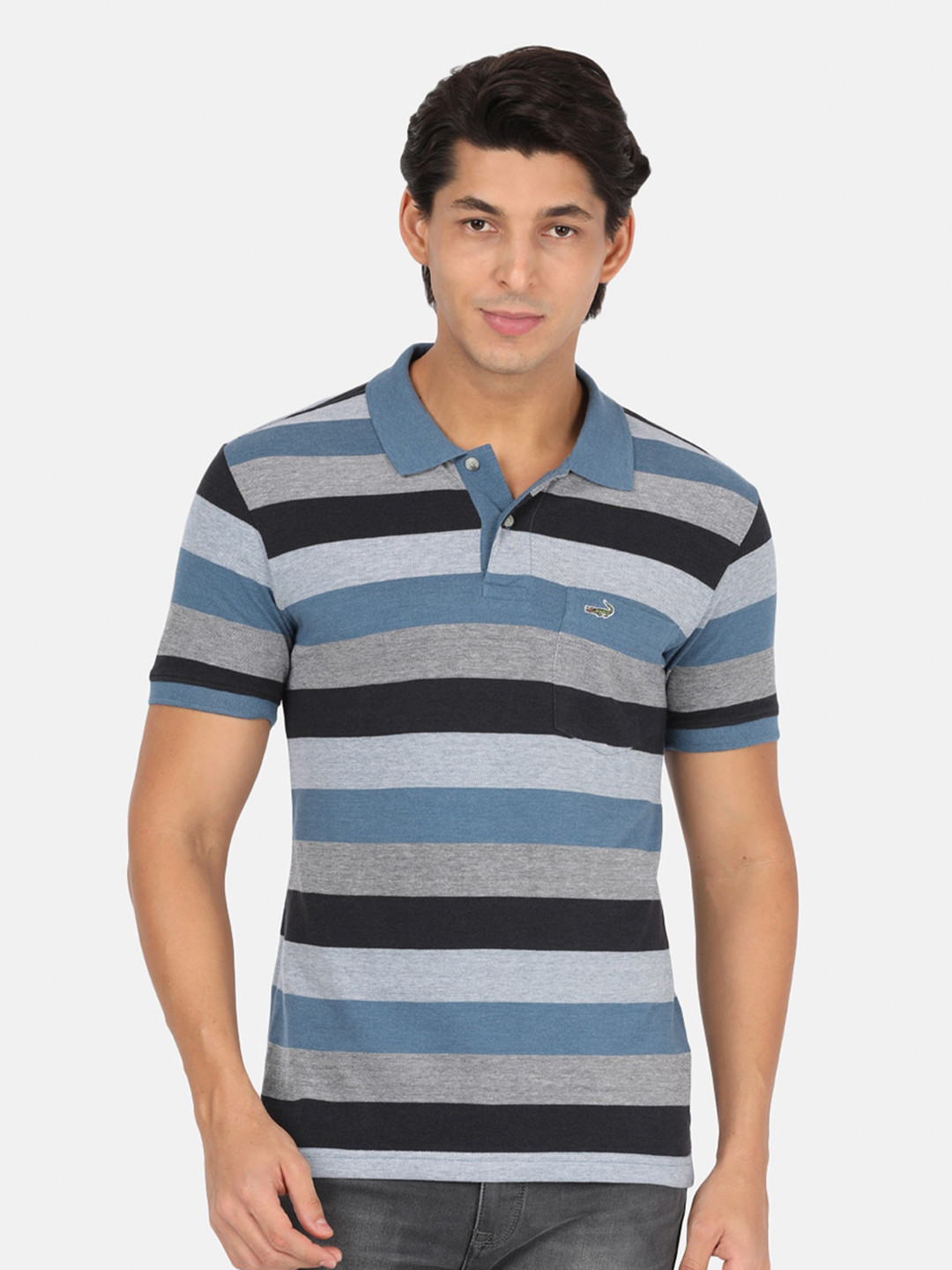 

Crocodile Men Blue & Black Striped Polo Collar Slim Fit T-shirt