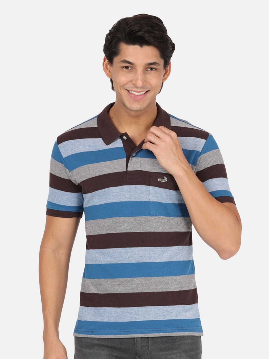 

Crocodile Men Blue & Brown Striped Polo Collar Slim Fit T-shirt