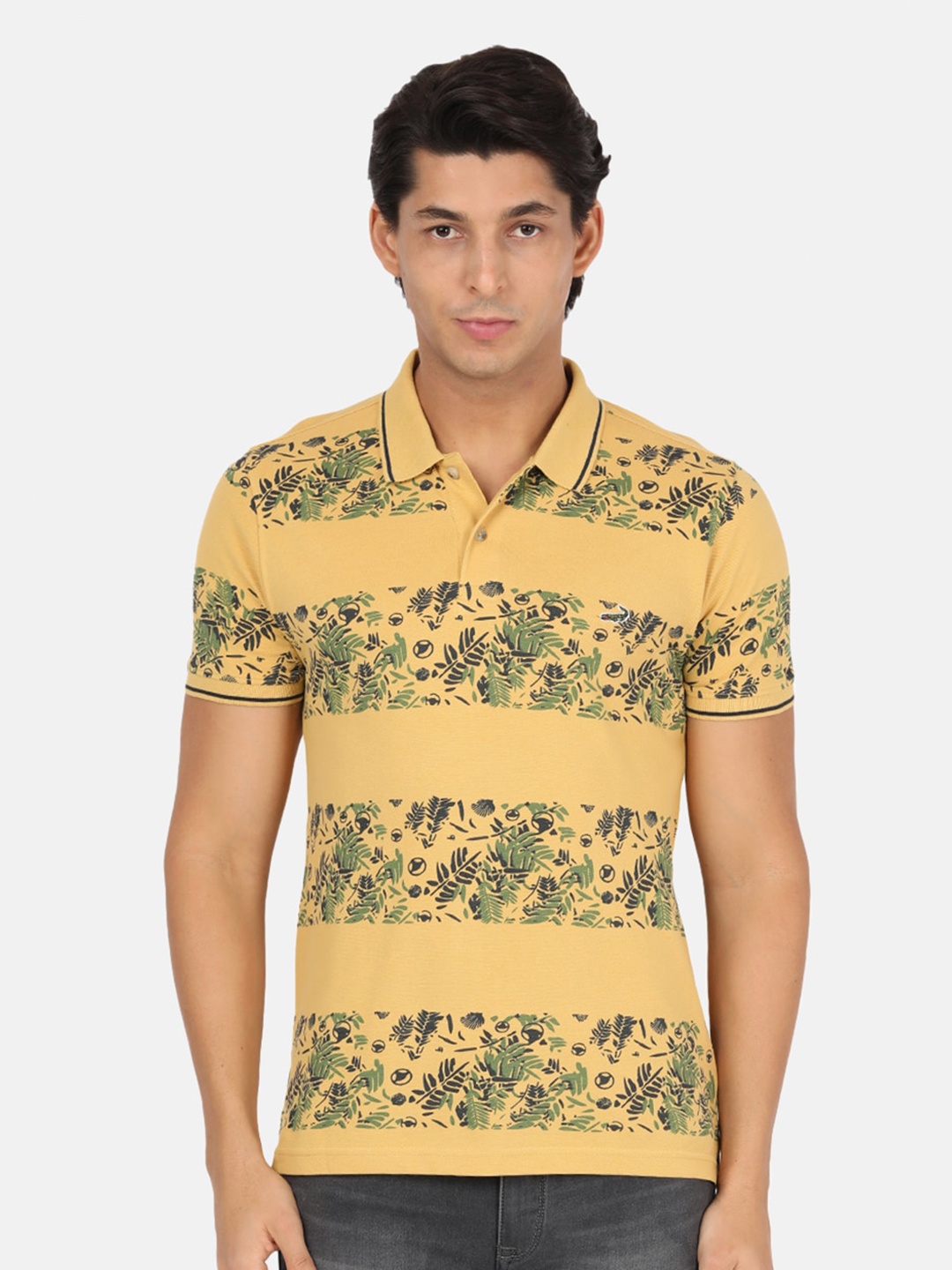 

Crocodile Men Yellow Floral Printed Polo Collar Slim Fit T-shirt