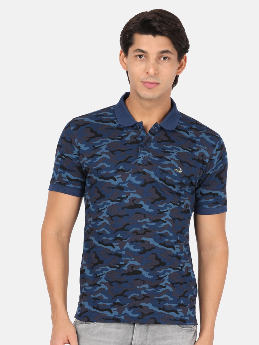 

Crocodile Men Blue Camouflage Printed Polo Collar Slim Fit T-shirt
