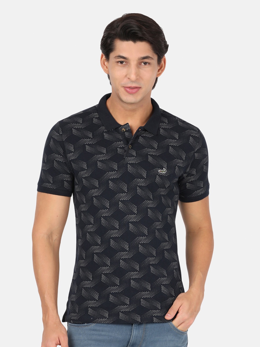

Crocodile Men Navy Blue Printed Polo Collar Monochrome Slim Fit T-shirt