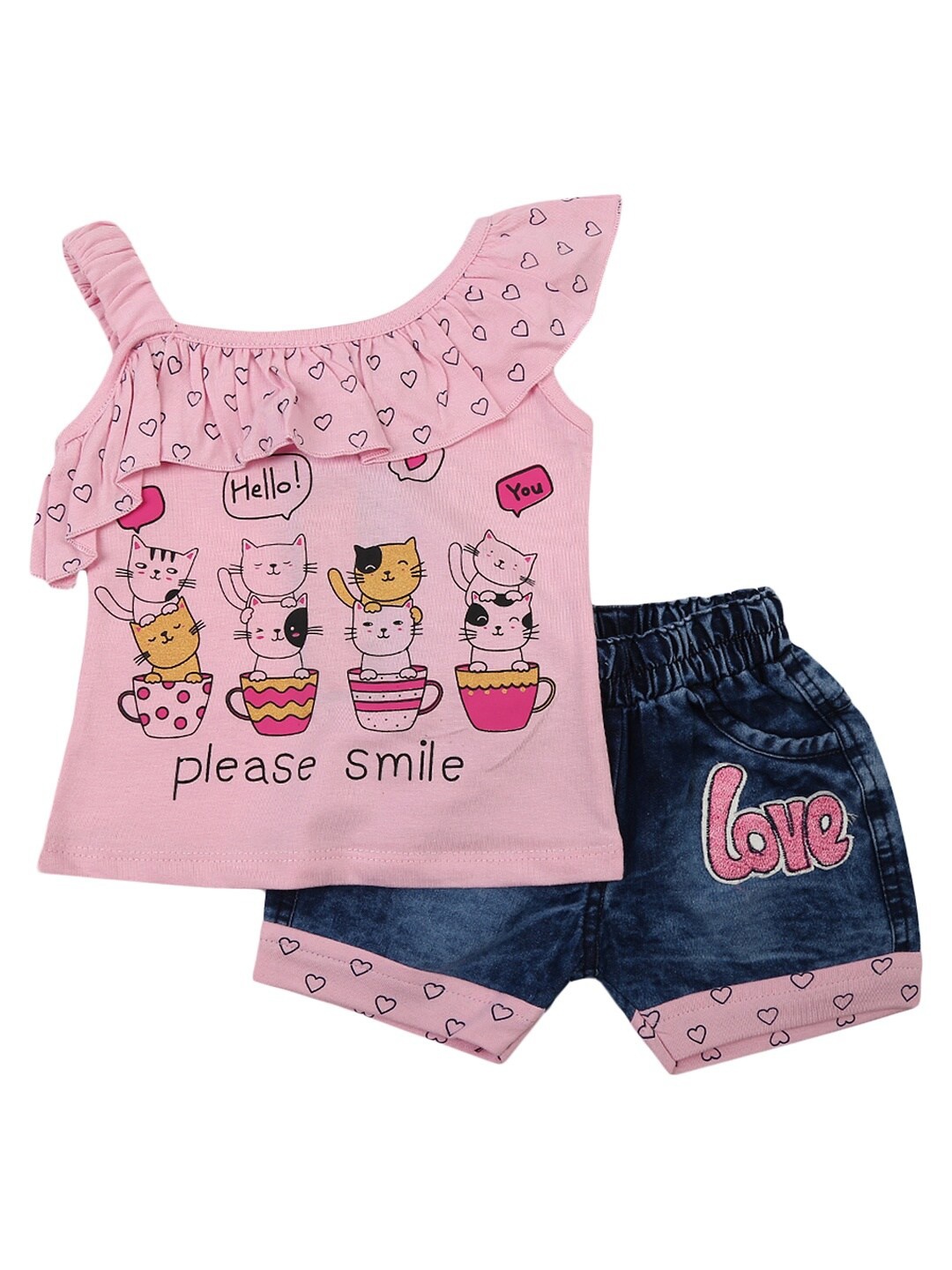 

V-Mart Girls Pink & Blue Printed Top with Shorts