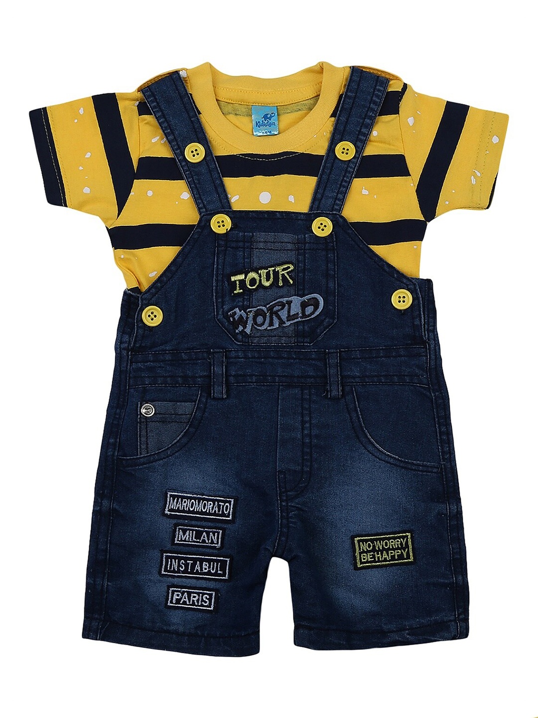 

V-Mart Unisex Kids Yellow & Blue Printed Dungarees With Tshirt