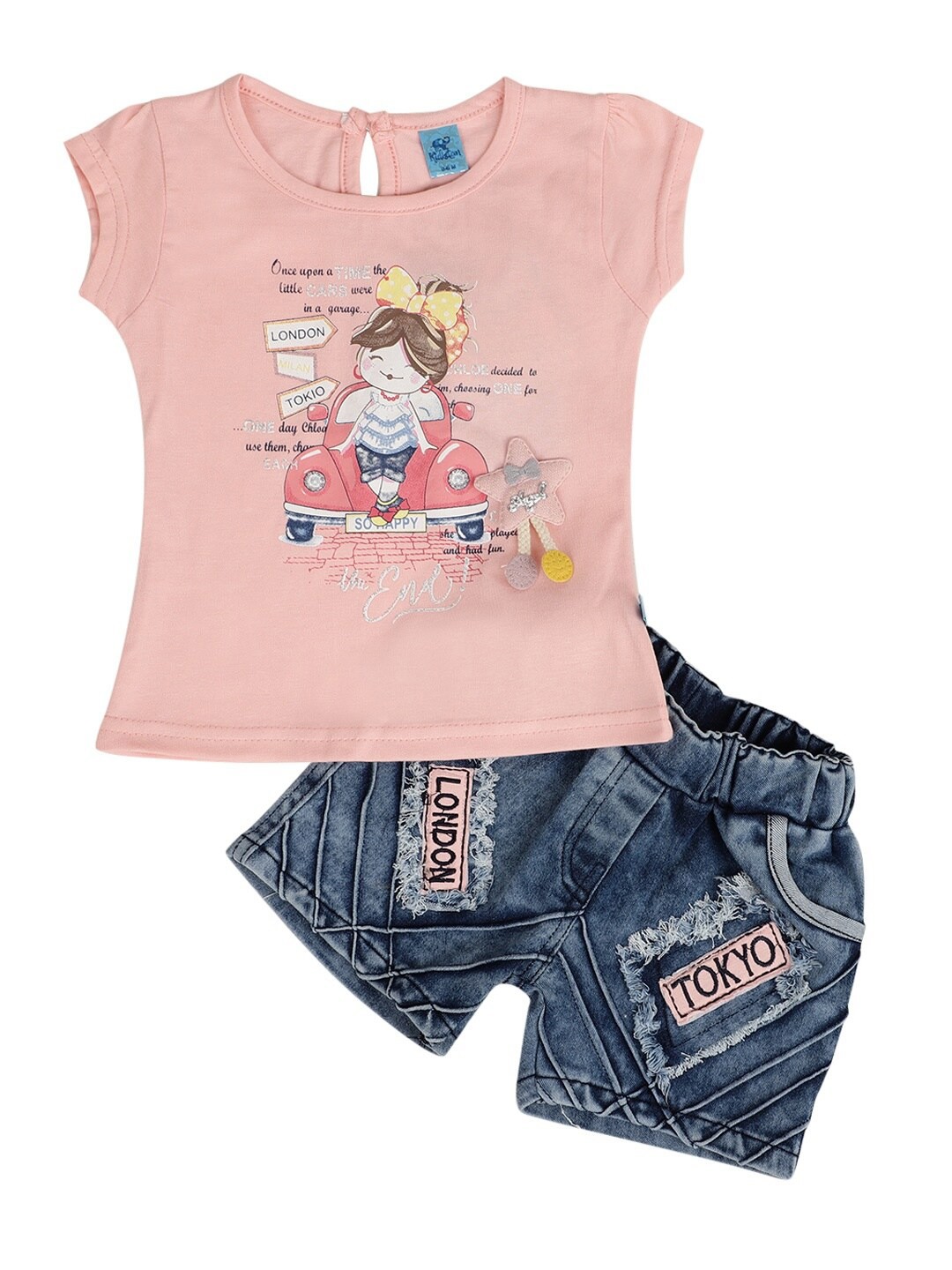 

V-Mart Unisex Kids Peach-Coloured & Blue Printed T-shirt with Shorts