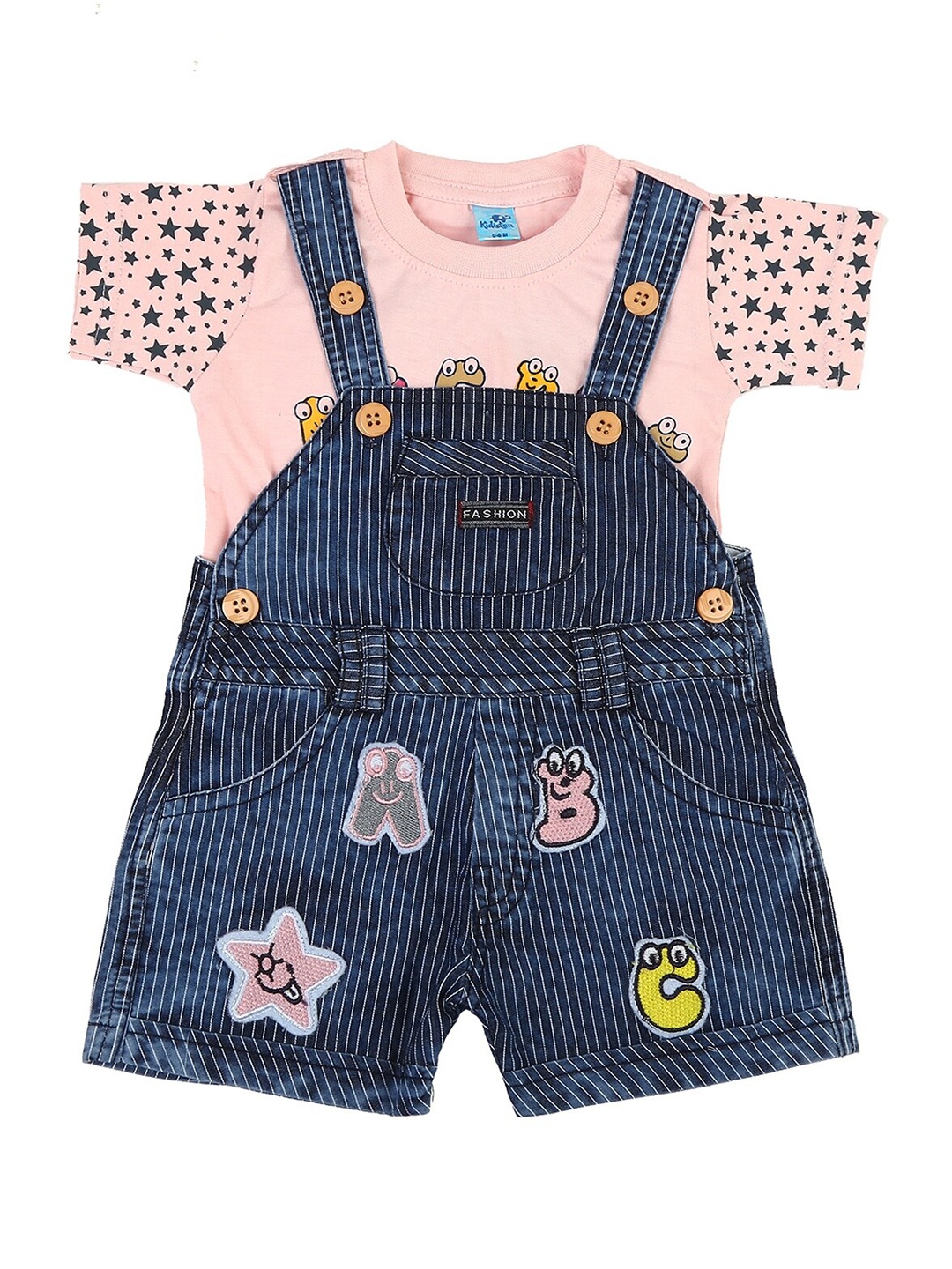 

V-Mart Unisex Kids Pink & Blue Printed Dungarees With Tshirt
