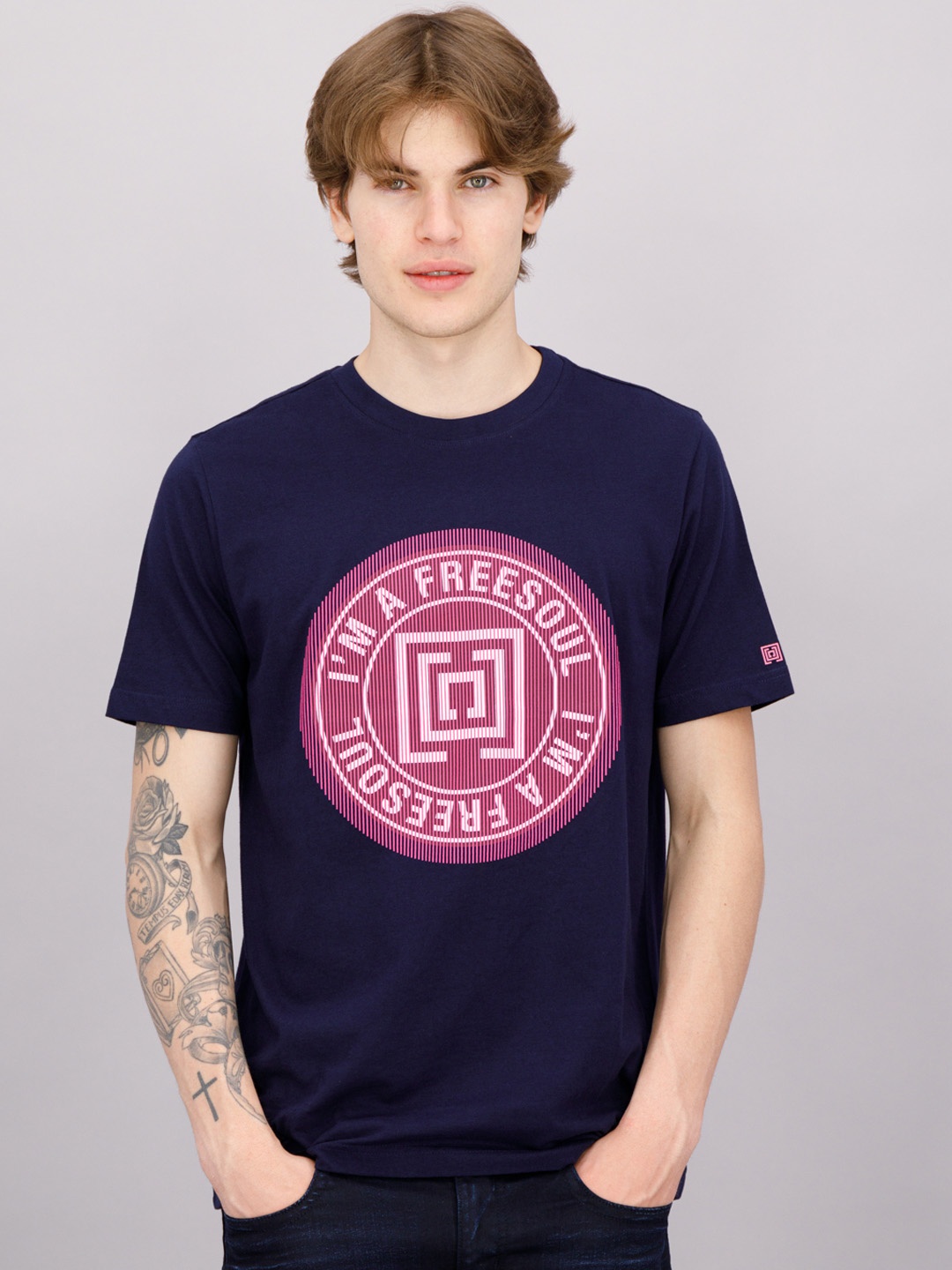 

FREESOUL Men Navy Blue Typography Printed T-shirt
