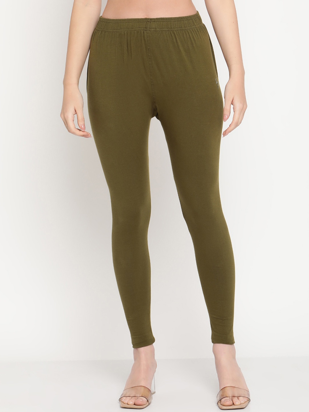 

TAG 7 Women Olive Green Women Solid Comfort Fit Ankle-Length Cotton Leggings