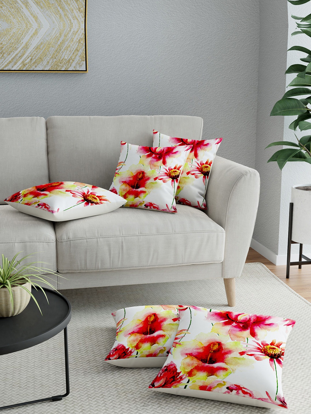 

LA VERNE White & Red Set of 5 Floral Square Cushion Covers