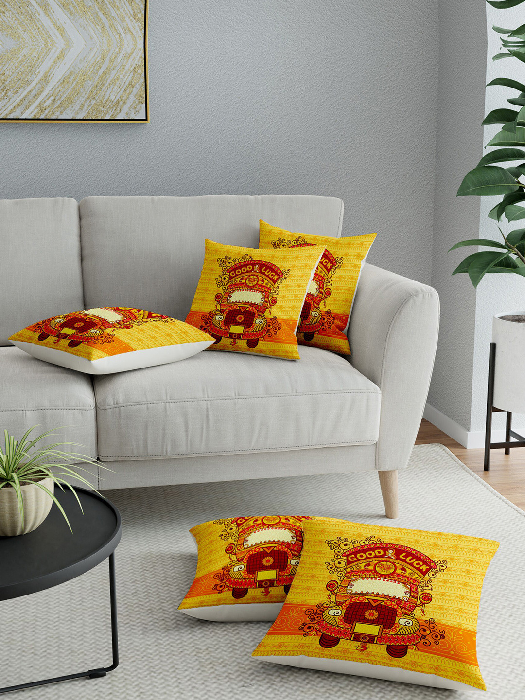 

LA VERNE Multicoloured Set of 5 Ethnic Motifs Square Cushion Covers, Multi