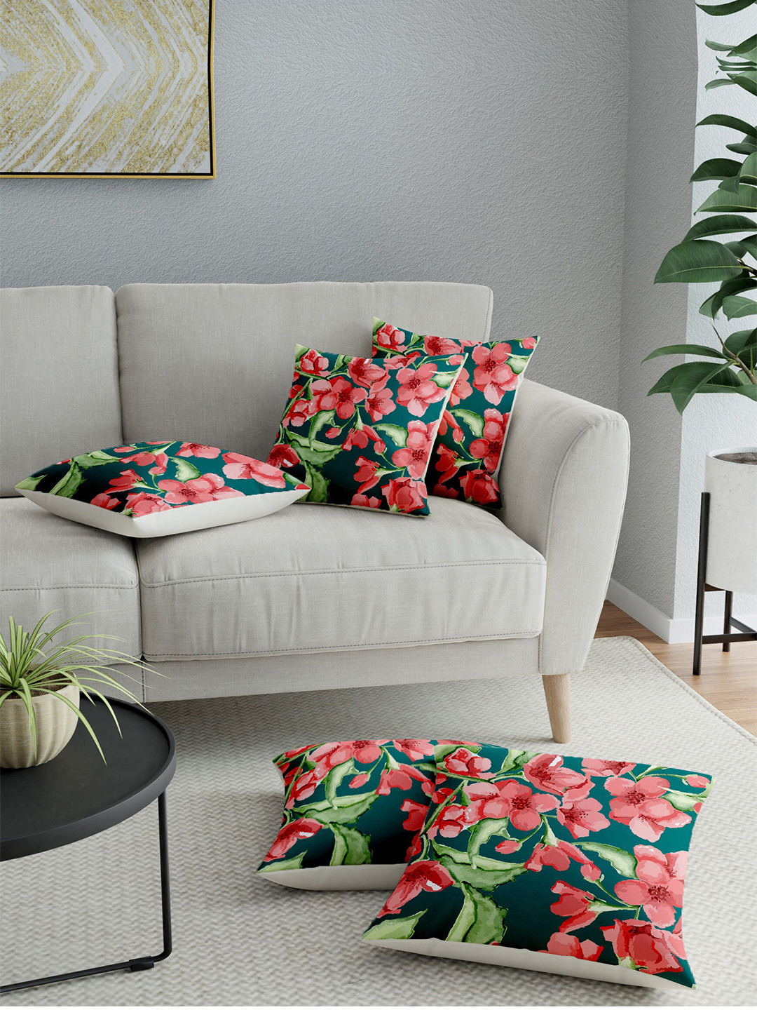 

LA VERNE Red & Green Set of 5 Floral Square Cushion Covers