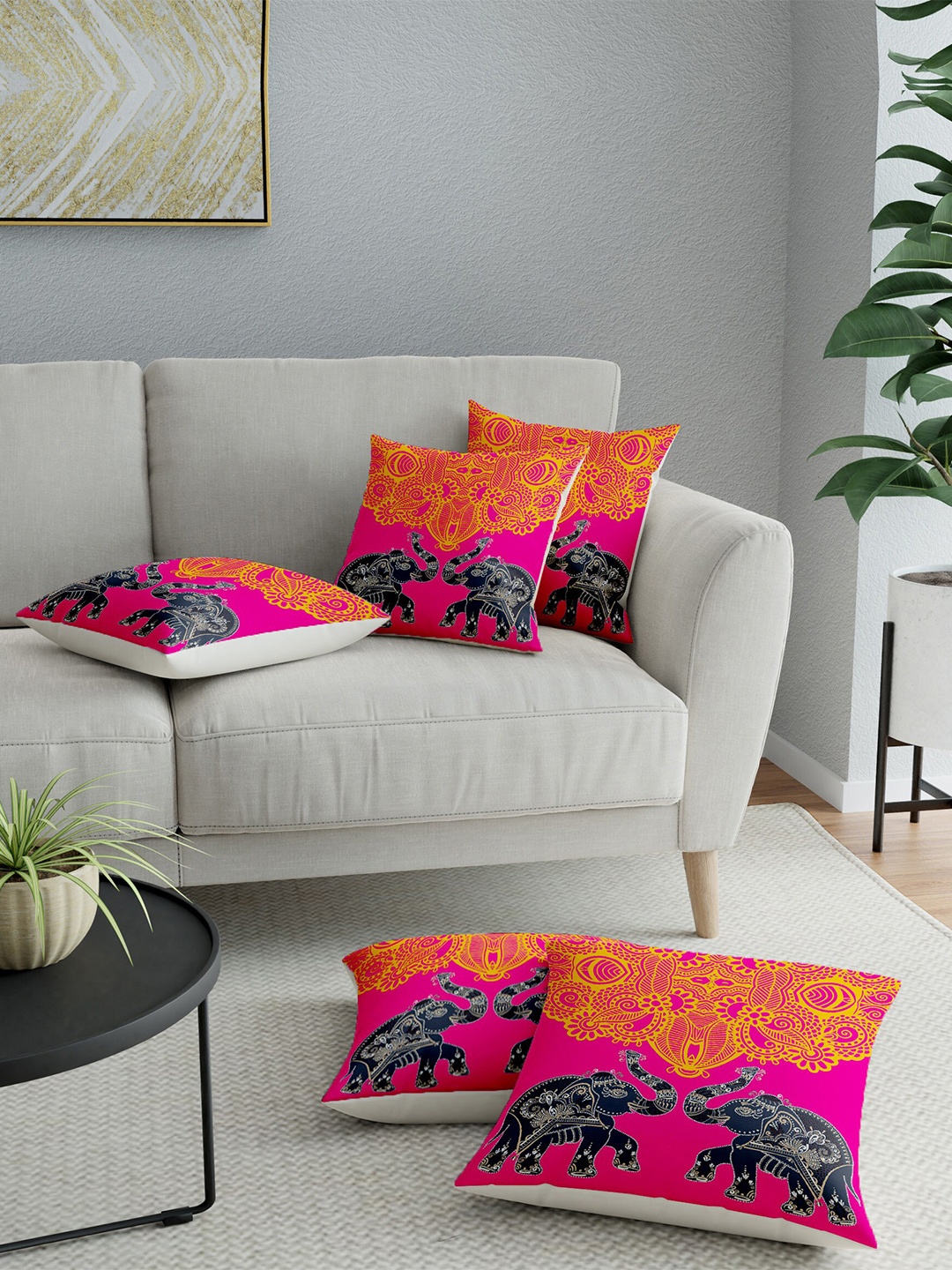 

LA VERNE Pink & Black Set of 5 Ethnic Motifs Square Cushion Covers