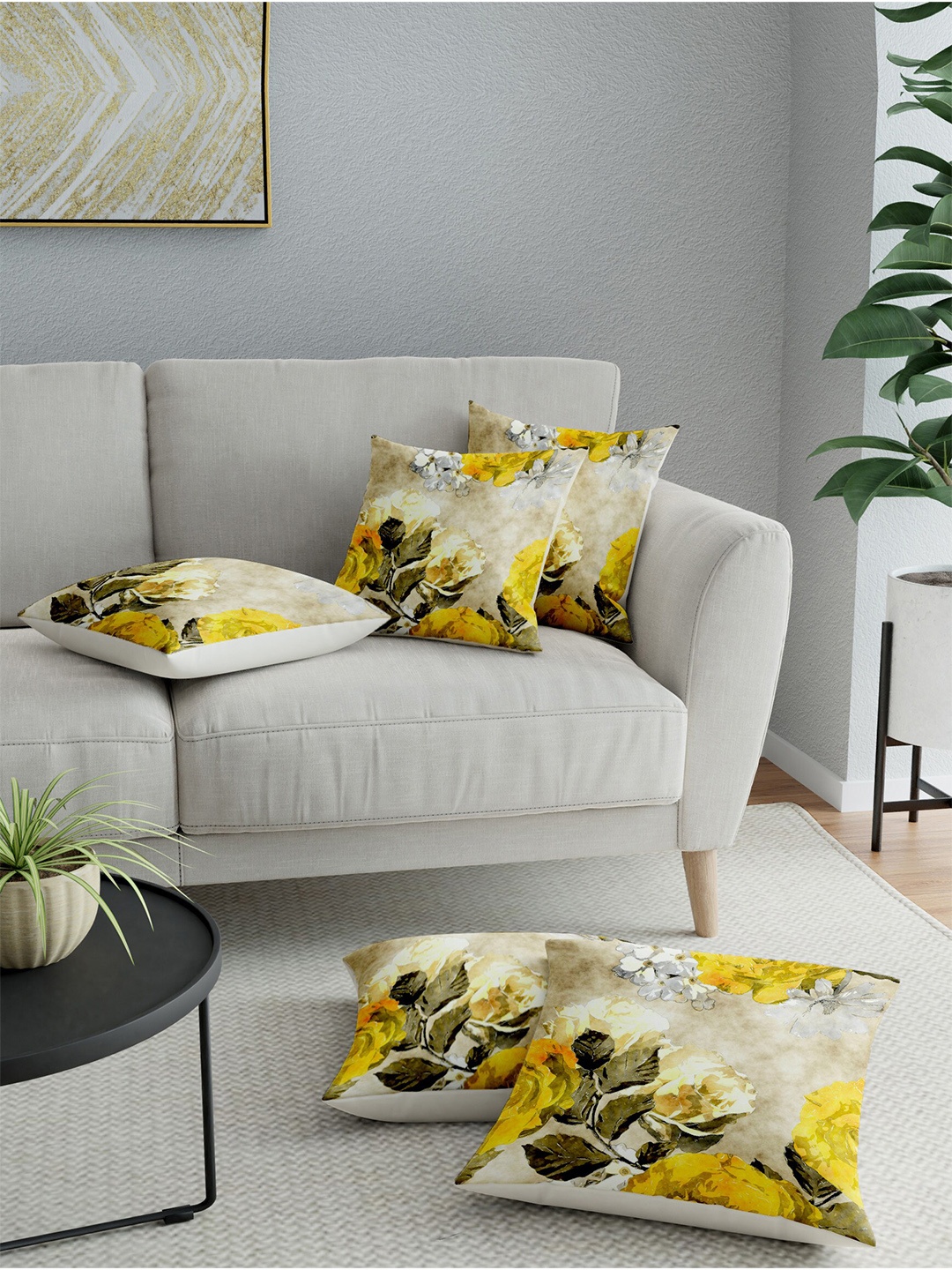 

LA VERNE Yellow & Beige Set of 5 Floral Square Cushion Covers