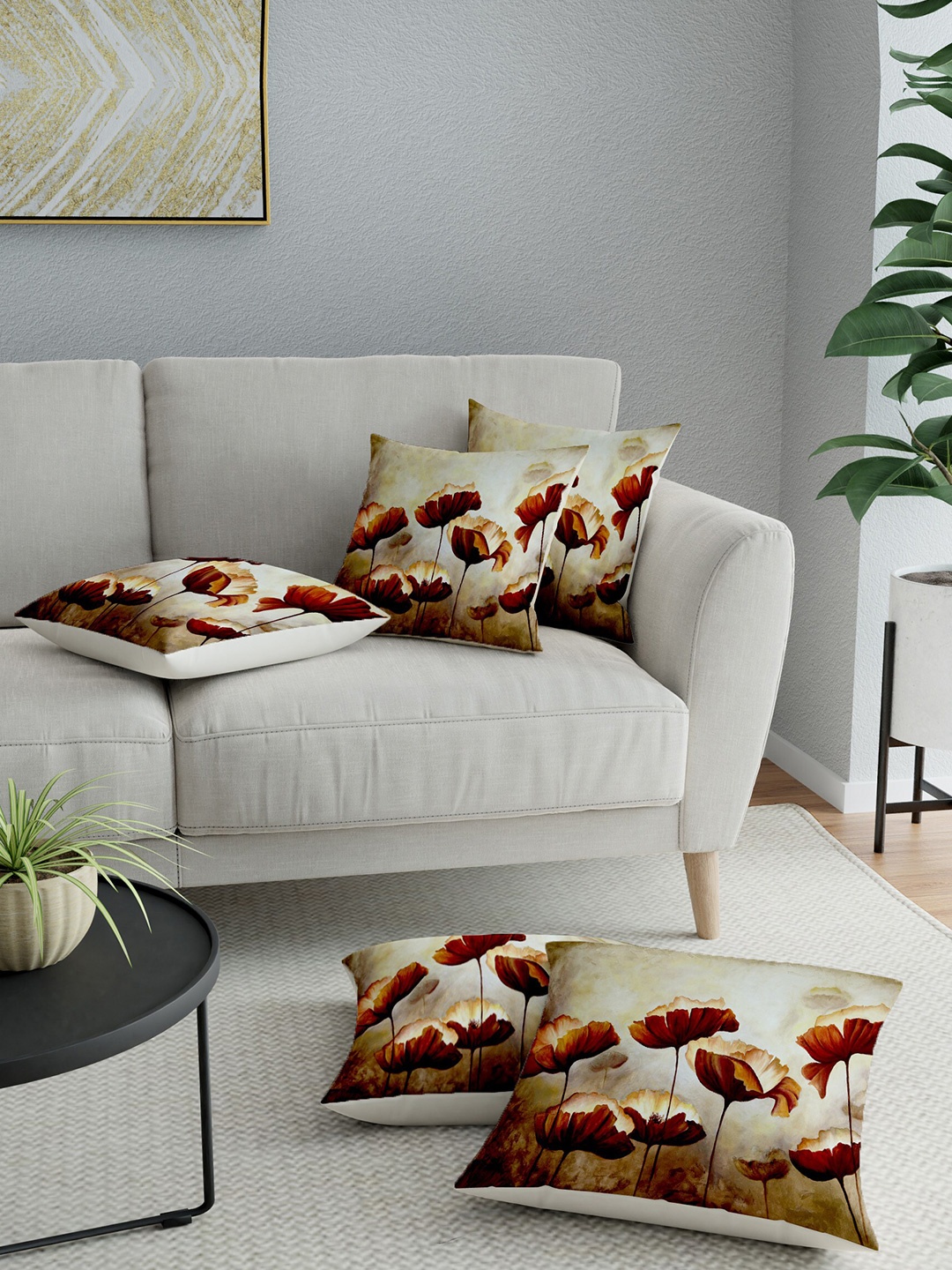 

LA VERNE Yellow & Brown Set of 5 Floral Square Cushion Covers